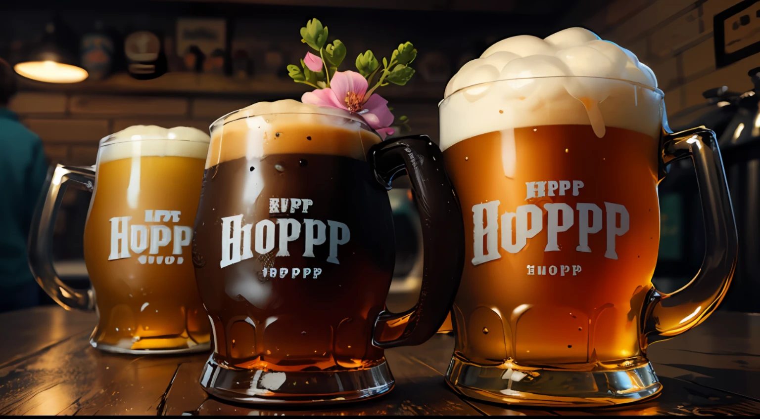 Masterpiece, best quality, super detailed, illustration, Various kinds of beer mugs on a rustic table, detailed, ((craft beer)), glasses of various kinds, ((craft brewery)), black, red, silver, metal, hops, ((barley))((hop flowers)), water