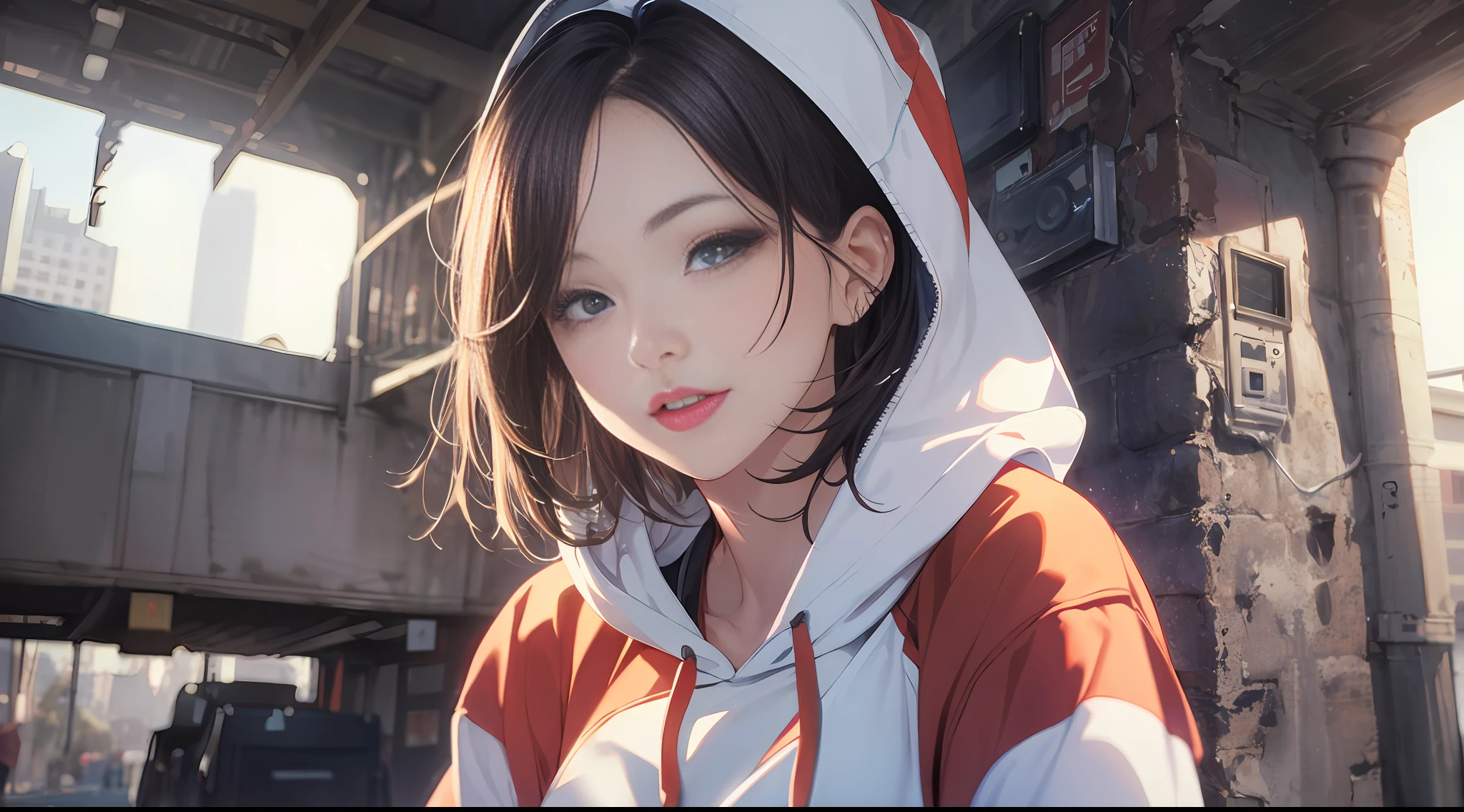 1 girl, beautiful Korean girl, (Cute Loose Bob hair), (wearing a cropped hoodie, capri sweatpants:1.5), (hands in pockets:1.5), (red lips:1.3), (small breasts:1.3), (toned stomach:1.3), (eyelashes:1.2), (aegyo sal:1.2), (detailed face), immersive background, volumetric haze, global illumination, (flowing hair), (bright smile), natural lighting, ((beautiful detailed eyes, symmetrical eyes), (photorealism:1.5), (photorealistic:1.4), (8k, RAW photo, masterpiece), High detail RAW color photo, realistic, (highest quality), (best shadow), (best illustration), ultra high resolution, highly detailed CG unified 8K wallpapers, physics-based rendering, realistic, realism, high contrast, hyperrealism, f1.6 lens, rich colors, hyper-realistic lifelike texture, cinestill 800)