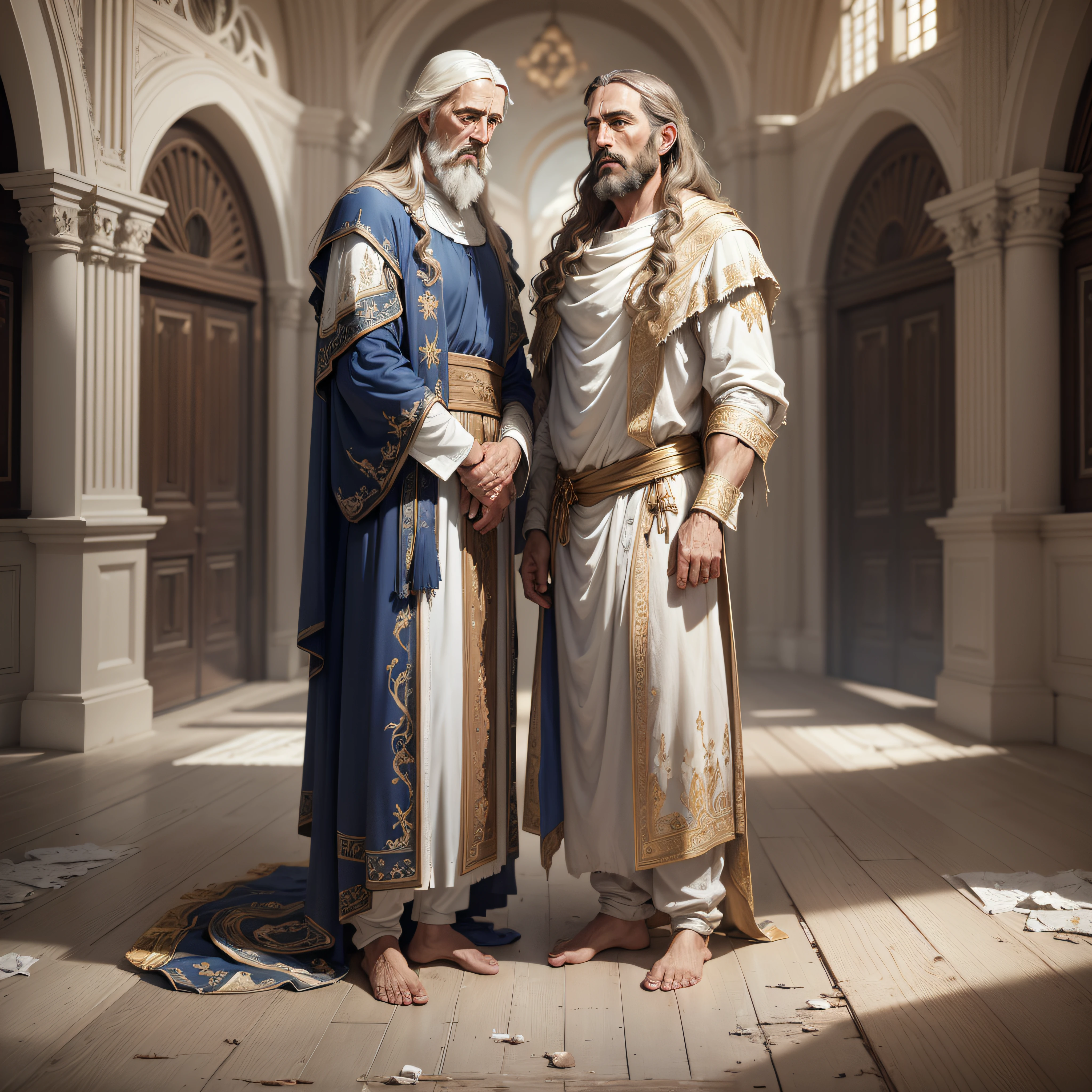modelshoot style, (extremely detailed CG 8k wallpaper), ((full body photo)), two apostles of Jesus Christ: Peter Paul and John, talking, standing, barefoot and wearing white and old and torn covers, majestic professional oil painting by Ed Blinkey, trend in ArtStation, Intricate, High Detail, sharp focus, dramatic and photorealistic painting art --auto --s2