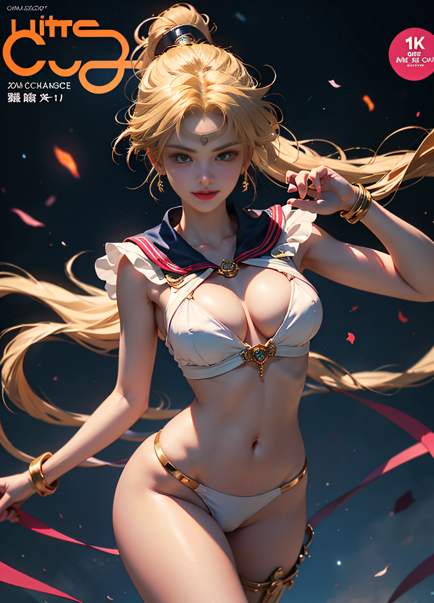 (magazine cover:1.4),text,((Masterpiece)), (Best Quality), (Ultra Detailed), ((Very Detailed)), 4K, (8K), Sailor Moon, Long Blonde Hair, Double Ponytail, happy smile,large breasts, see through costume,Dream Core,perfect breasts, (clear erect nipple silhouette: 1.4), (camel toe: 1.2), dynamic pose, spreading legs, (pubic hair ultra detailed clear silhouette: 1.4), (pubic hair focus: 1.2), navel