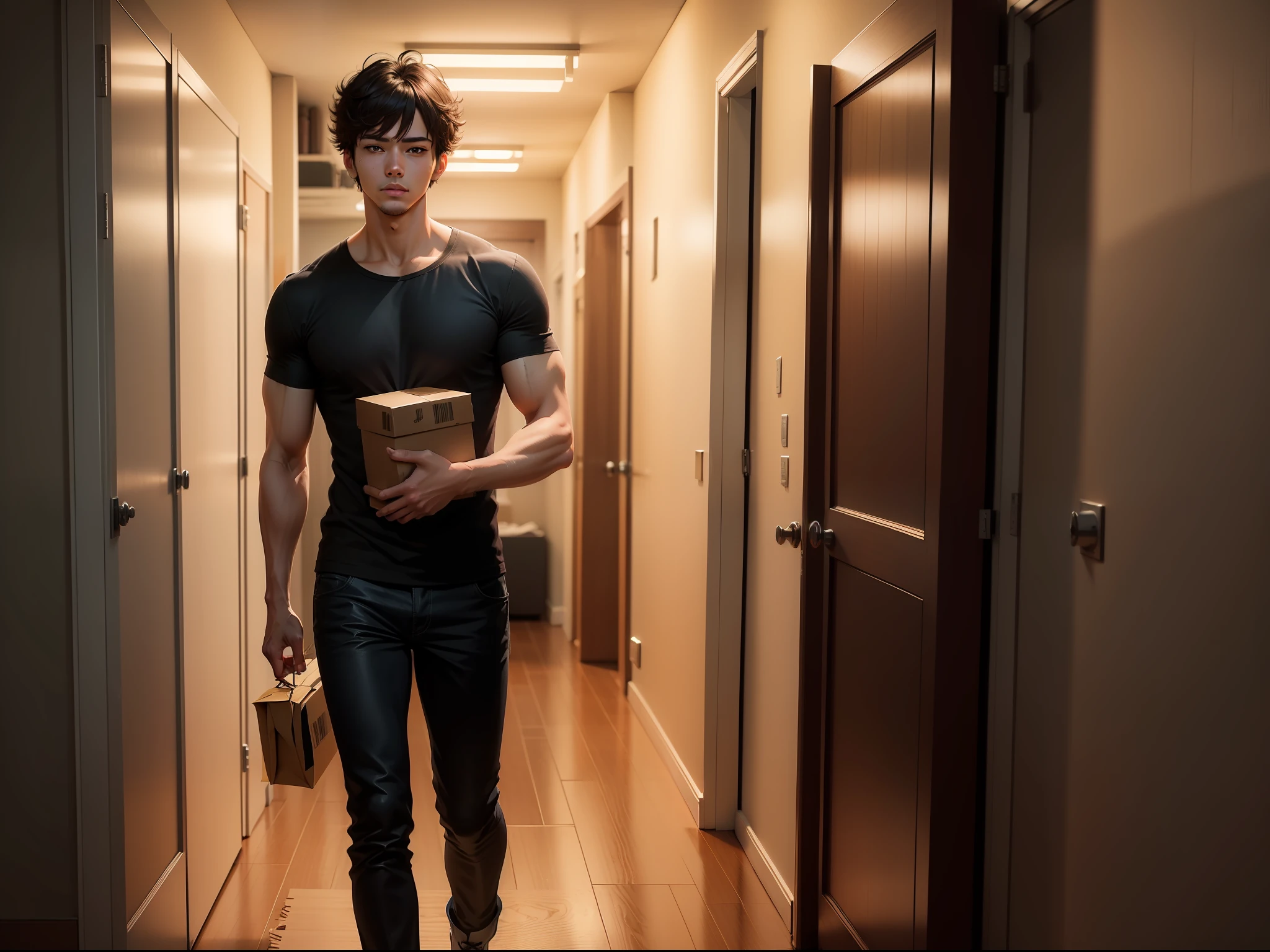 3D, anime and manga quality, the background is inside a dimly lit corridor, a young man carries a huge cardboard box with a lot of cardboard boxes next to it, standing in front of a room with an open door wearing black short sleeves, full body, details, 4K manga wallpaper, 4K anime wallpaper, anime concept HDR anime McManus, anime handsome guy, ultra HD, inspired by Masanobu Okumura, anime realism style,