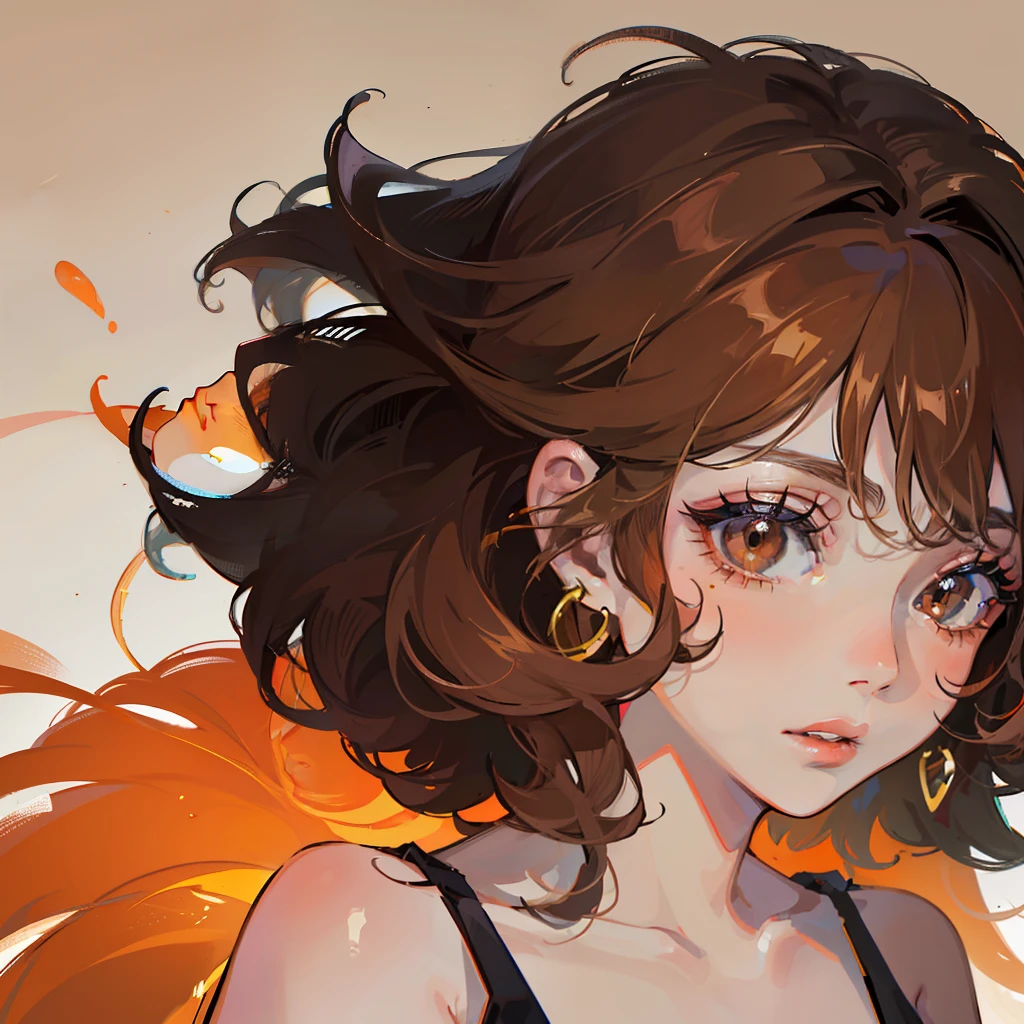 ((masterpiece)), ((best quality)), ((anime)), ((old effect)), ((90s anime)), girl, ((orange skin)), ((brown eyes) ), ((perfect)), eyebrow, nose, ear, mouth, lips, ((curly hair)), neck, shoulders, ((arms)), ((random background color)), lustful,