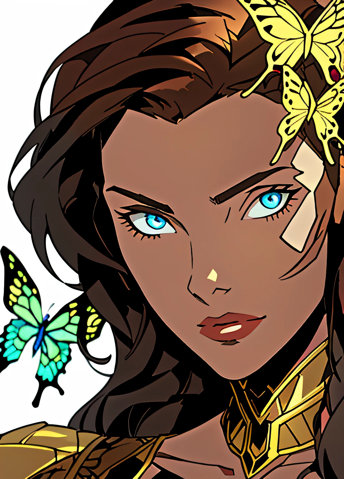 portrait of beautiful cyborg with brown hair, intricate, elegant, highly detailed, majestic, gold butterfly filigree, broken glass, (masterpiece, sidelighting, finely detailed beautiful eyes: 1.2), 1girl,