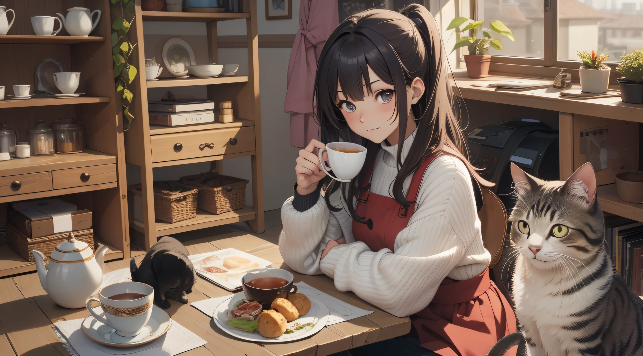 Anime girl sitting at table with a cup of tea, Guvez style artwork, anime style 4 K, anime art wallpaper 4 K, anime art wallpaper 8 K, anime art wallpaper 4K, Pixiv ArtStation on Guwiz, ArtStation Pixiv on Guwiz, detailed digital anime art, 4k anime wallpaper, high resolution, super detailed, realistic texture, bold texture, crazy texture, delicate wood grain, warm sun, glow, cute cat