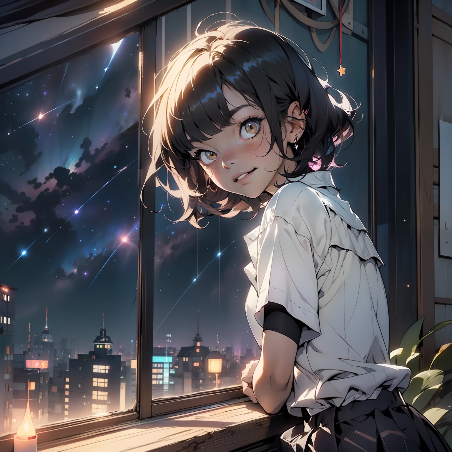 HD, high quality, 4k, anime girl with short dark hair, brown eye, dark shadows beneath eyes, long white shirt and black skirt is watching stars through the window, night, sad smile, starry sky on the background, a little bit depressed