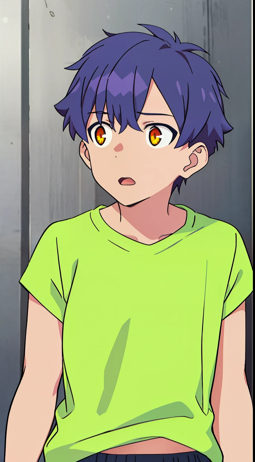 Boy, (mouth wide open), surprised, facing right, (shirtless) Cowboy shot, yellow-green short-sleeved shirt, Front angle, Front angle