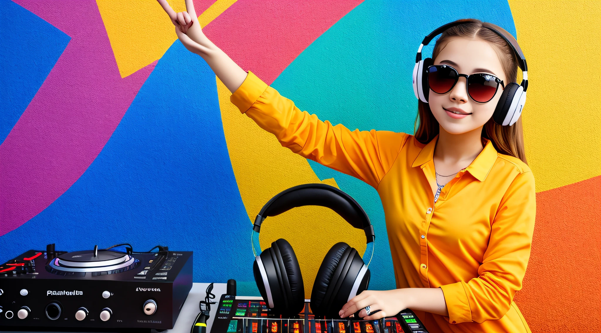 mENINA BLONDE CHILD IN BRAIDS, in yellow dress with headphones and sunglasses making a peace sign, vibrating with music, girl wearing headphones, with headphones, music is life, playing music, with headphones, listening to pious music, loud music, good music, wearing orange sunglasses, listening to music,  In front of an orange background, DJ rave headphones, wearing red and yellow clothes