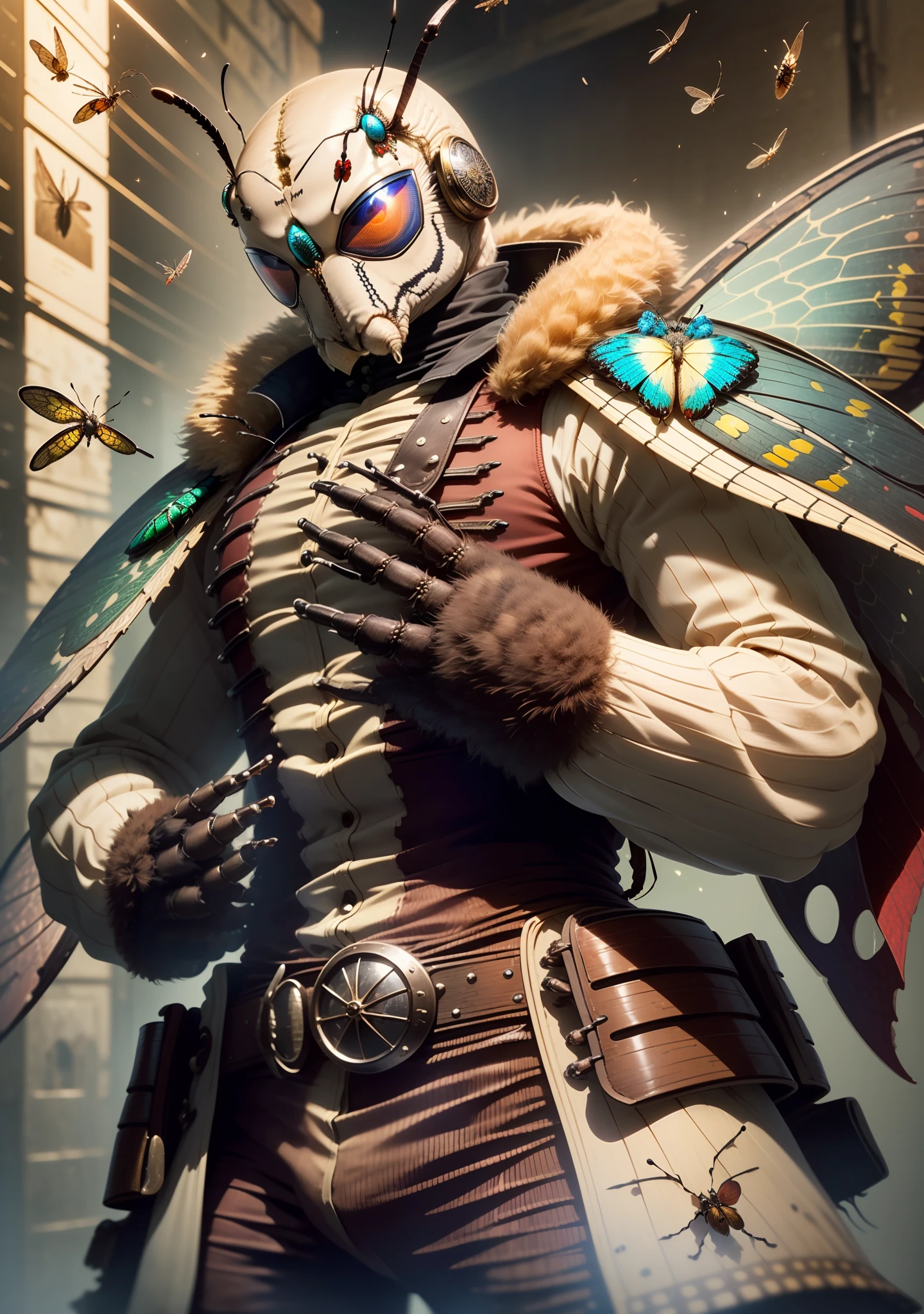 (1 anthro insect male silkworm:1.4), masterpiece, volumetric lighting, (extremely detailed CG:1.3), illustration, 
chestnut fur, splitting, compound eyes, antenna, dusty wings, large wings, two wings, good hands, perfect hands, 4 arms, (Wild West Sheriff's Clothing:1.4), stern look,