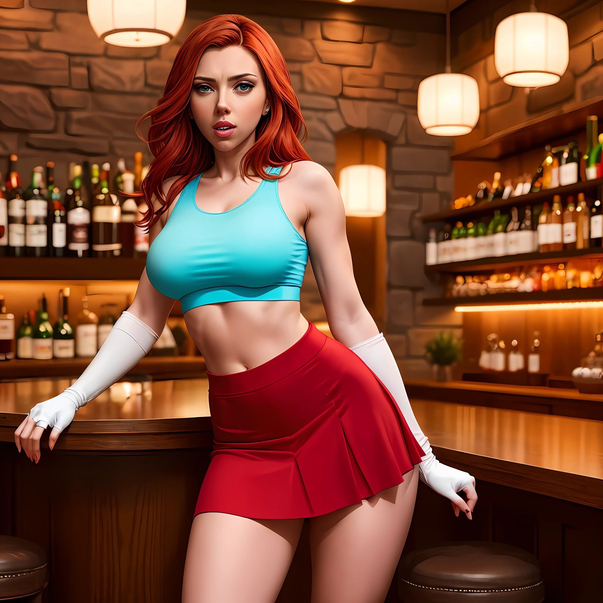 Scarlett Johansson, single elbow, ankle boots, blonde hair, red skirt, black thighs, red boots, elbow gloves, elbows, fingerless gloves, tense shirt, sports bra, (suspended red skirt), thighs, white tank top, top body is hyper-realistic and hyper largest_breasts!! with the type of boobs_melons, red hair, full body, big chest, no bra and no panties, look at the viewer, posing standing at the bar, sensual mouth, makeup, bokeh, best quality, masterpiece, highres, UHD, 1080P --auto