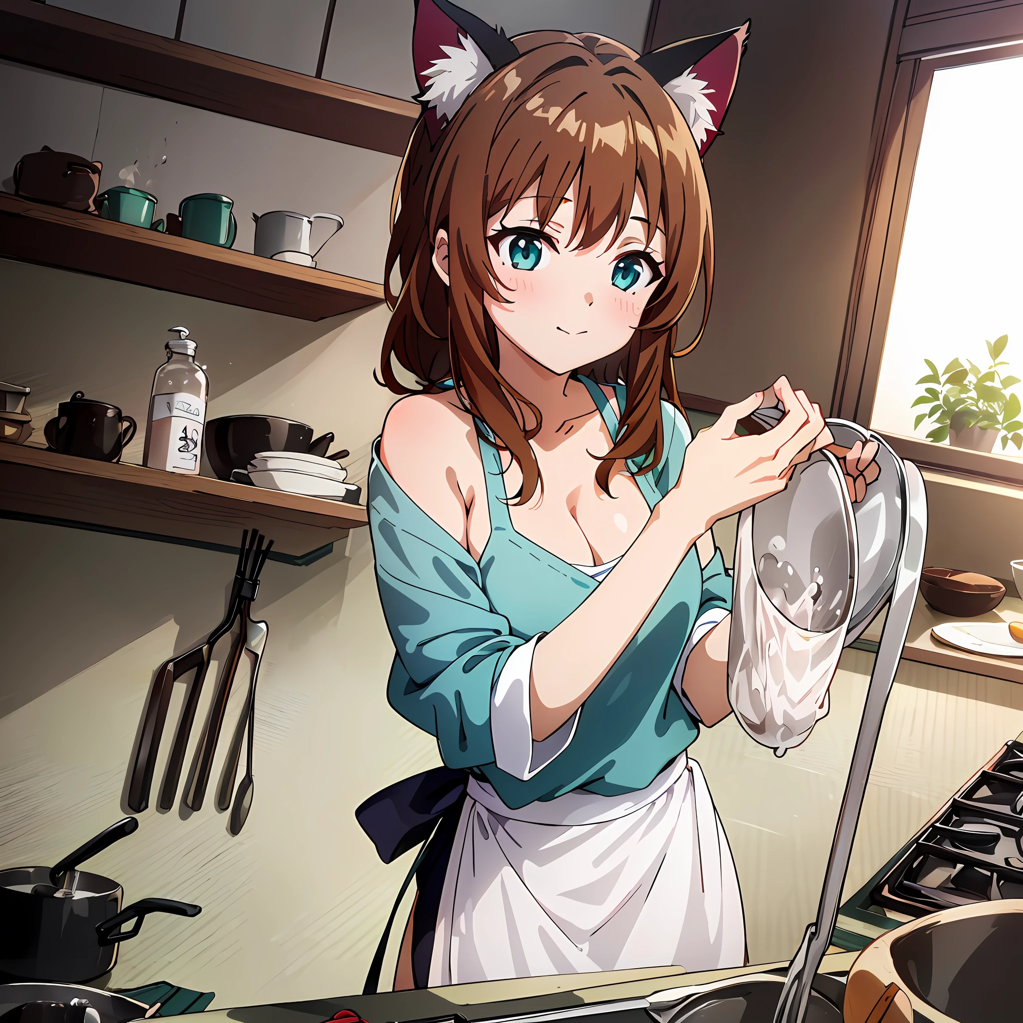 (Super detailed, high resolution, Kyoto animation style anime illustrations, highest quality official art featured: 1.6), beautiful face, eyes, highly detailed body, very detailed hair, nice hands, perfect hands, beautiful hands, (1 girl: 1.4), (Chibi: 0.8), (cute: 1.2), (cute: 1.2), (: 0.5), one girl, cat ears, (big, Looks large cleavage, brown hair, semi-long hair with trimmed hair, Long sleeves, looks good: 1.5), (Girl who cooks with a tickin, : 1.4), (Dynamic angle, look away, upper body, sports bra, apron, cotton panties: 1.2), (light smile, 17 yown hair, ponytail, cat ears, aqua eyes, slender girls), (3 Japan apartment, daylight, rest, indoor, kitchen, stove, sink, shelf, from above
, ((looking down)), ((looking away)), closed mouth, cooking, lunbh on table,