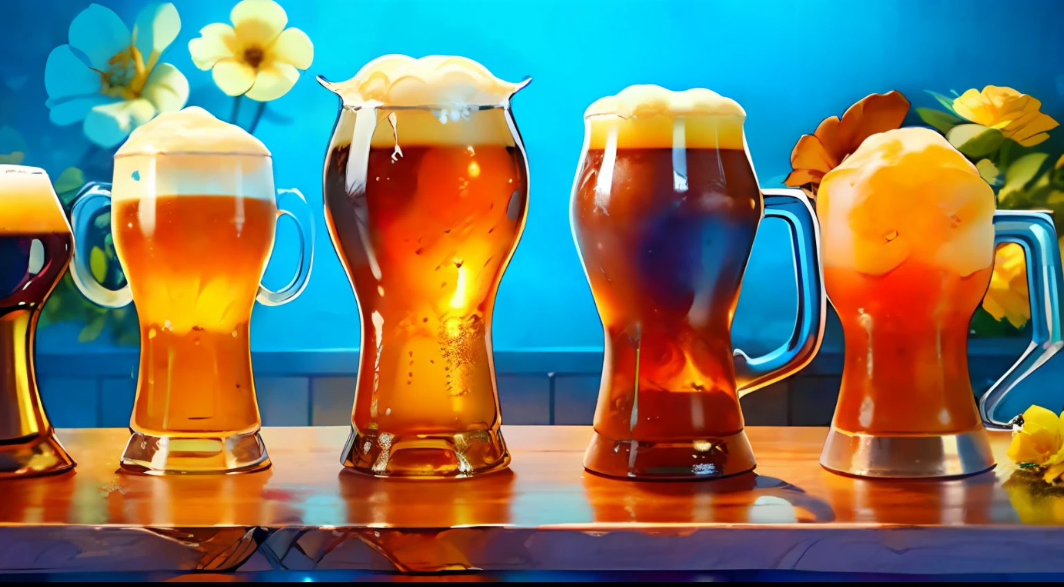 Masterpiece, best quality, super detailed, illustration, Various kinds of beer mugs on a rustic table, detailed, ((craft beer)), glasses of various kinds, ((craft brewery)), black, red, silver, metal, hops, ((barley))((hop flowers)), water