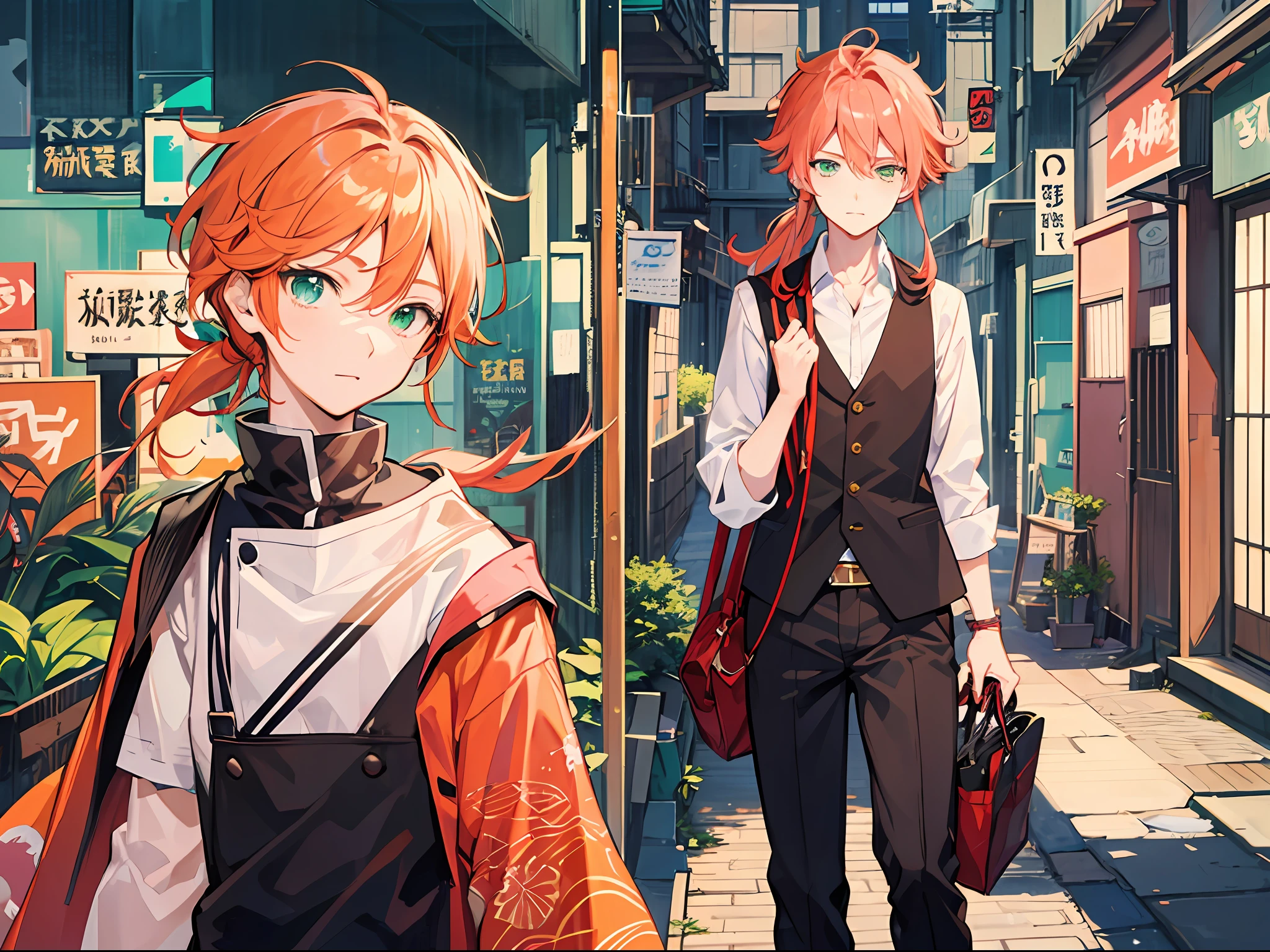 Masterpiece, best quality, anime boy with pink-orange hair and emerald-colored eyes in a green vest, inspired by the anime manga by Byoshimin, popular in pixiv, Shin hanga,, anime characters, as anime characters, orange hair anime boys, male anime characters, Mitsuharu Goto, Kajikata, ponytail long hair