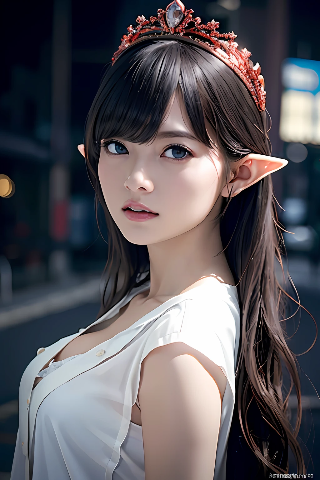 Ultra-detailed complex 3D rendering of the face, (Colossal: 8.8), (masterpiece, top quality, octane rendering, 8K), glamour shot full body image, very beautiful young elf, cleavage, (very detailed skin: 1.2), (exposure: 1.1), blonde, ((wearing a plummeted open shirt of white silk: 1.5)), beautiful Caucasian woman with full soft breasts and dark skin, big buttocks, 1 person, long braided hair, big breasts, dynamic angle, mystical expression, ultra-realistic photos, (((((portrait))), bare feet, futuristic urban background, facial muscles, detailed and beautiful queen crown, in the style of Marvel Comics, ArtStation trends, clear focus, studio photography, intricate details, very detailed, detailed red eyes, very detailed, Sharp focus, digital rendering, professional, abs, dark gray background, shot with Canon EOS R 6, (Sexy Pose)))), seductive look,