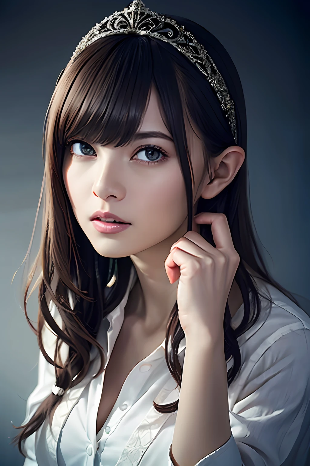 Ultra-detailed complex 3D rendering of the face, (Colossal: 8.8), (masterpiece, top quality, octane rendering, 8K), glamour shot full body image, very beautiful young elf, cleavage, (very detailed skin: 1.2), (exposure: 1.1), blonde, ((wearing a plummeted open shirt of white silk: 1.5)), beautiful Caucasian woman with full soft breasts and dark skin, big buttocks, 1 person, long braided hair, big breasts, dynamic angle, mystical expression, ultra-realistic photos, (((((portrait))), bare feet, futuristic urban background, facial muscles, detailed and beautiful queen crown, in the style of Marvel Comics, ArtStation trends, clear focus, studio photography, intricate details, very detailed, detailed red eyes, very detailed, Sharp focus, digital rendering, professional, abs, dark gray background, shot with Canon EOS R 6, (Sexy Pose)))), seductive look,