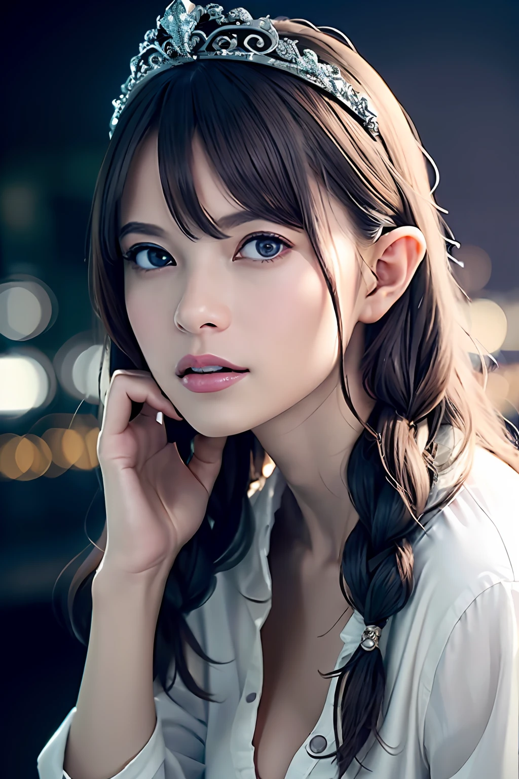 Ultra-detailed complex 3D rendering of the face, (Colossal: 8.8), (masterpiece, top quality, octane rendering, 8K), glamour shot full body image, very beautiful young elf, cleavage, (very detailed skin: 1.2), (exposure: 1.1), blonde, ((wearing a plummeted open shirt of white silk: 1.5)), beautiful Caucasian woman with full soft breasts and dark skin, big buttocks, 1 person, long braided hair, big breasts, dynamic angle, mystical expression, ultra-realistic photos, (((((portrait))), bare feet, futuristic urban background, facial muscles, detailed and beautiful queen crown, in the style of Marvel Comics, ArtStation trends, clear focus, studio photography, intricate details, very detailed, detailed red eyes, very detailed, Sharp focus, digital rendering, professional, abs, dark gray background, shot with Canon EOS R 6, (Sexy Pose)))), seductive look,