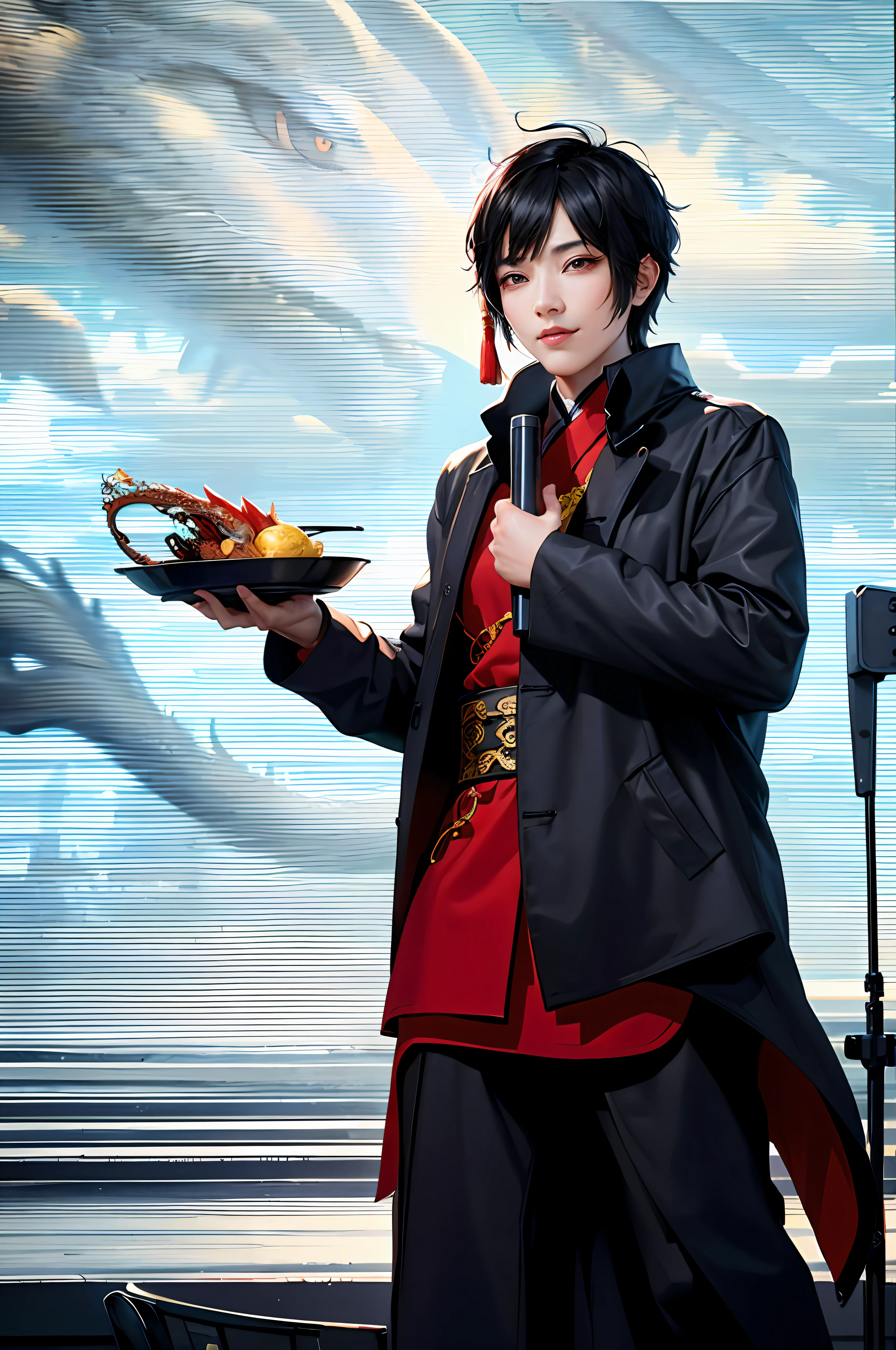 Black hair, Chinese, tsundere mouth, dynamic angle, cowboyshot, (the most beautiful form of chaos), flowing, with a Chinese dragon behind it
