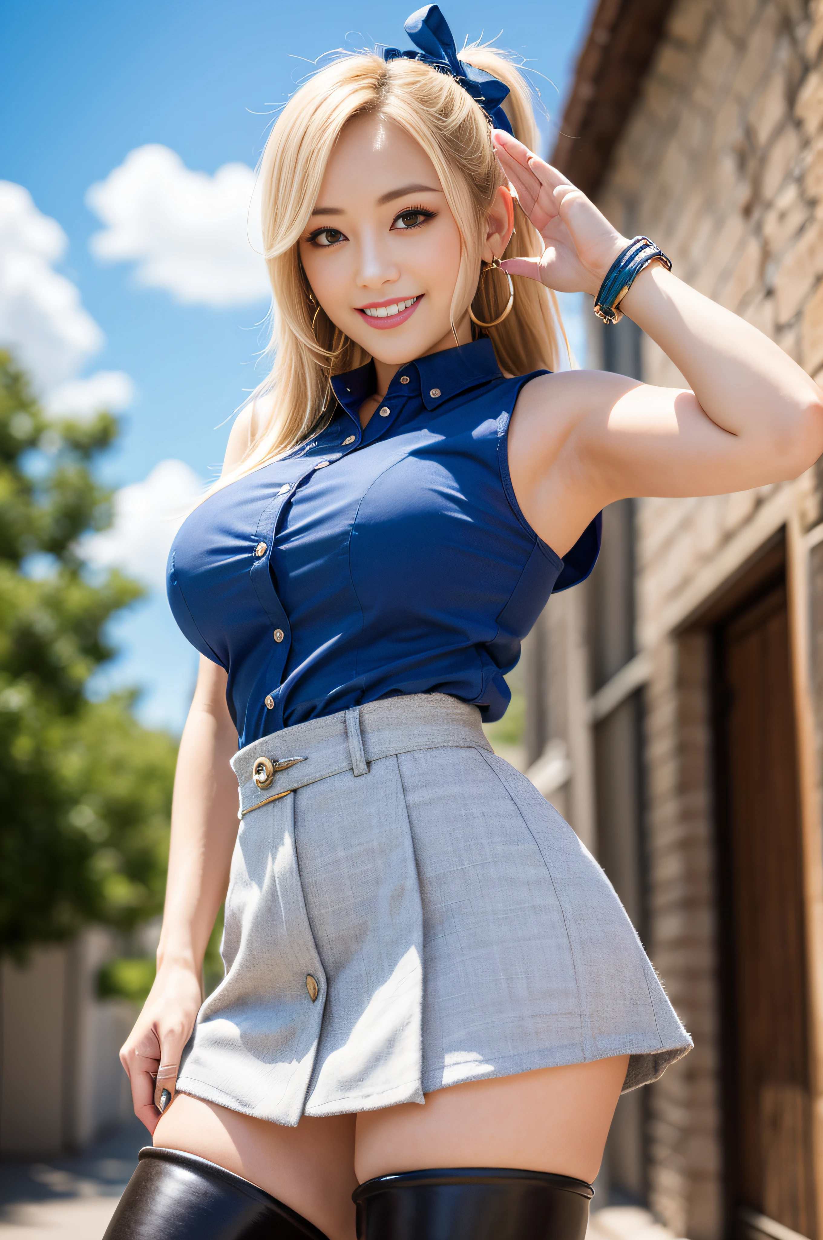 masterpiece, best quality, highres, lucy heartfilia, blonde hair, long hair, side ponytail, blue ribbon, large breasts, earrings, thigh boots, blue shirt, sleeveless shirt, white skirt, hand on hip, salute, smile, outdoors, cowboy shot