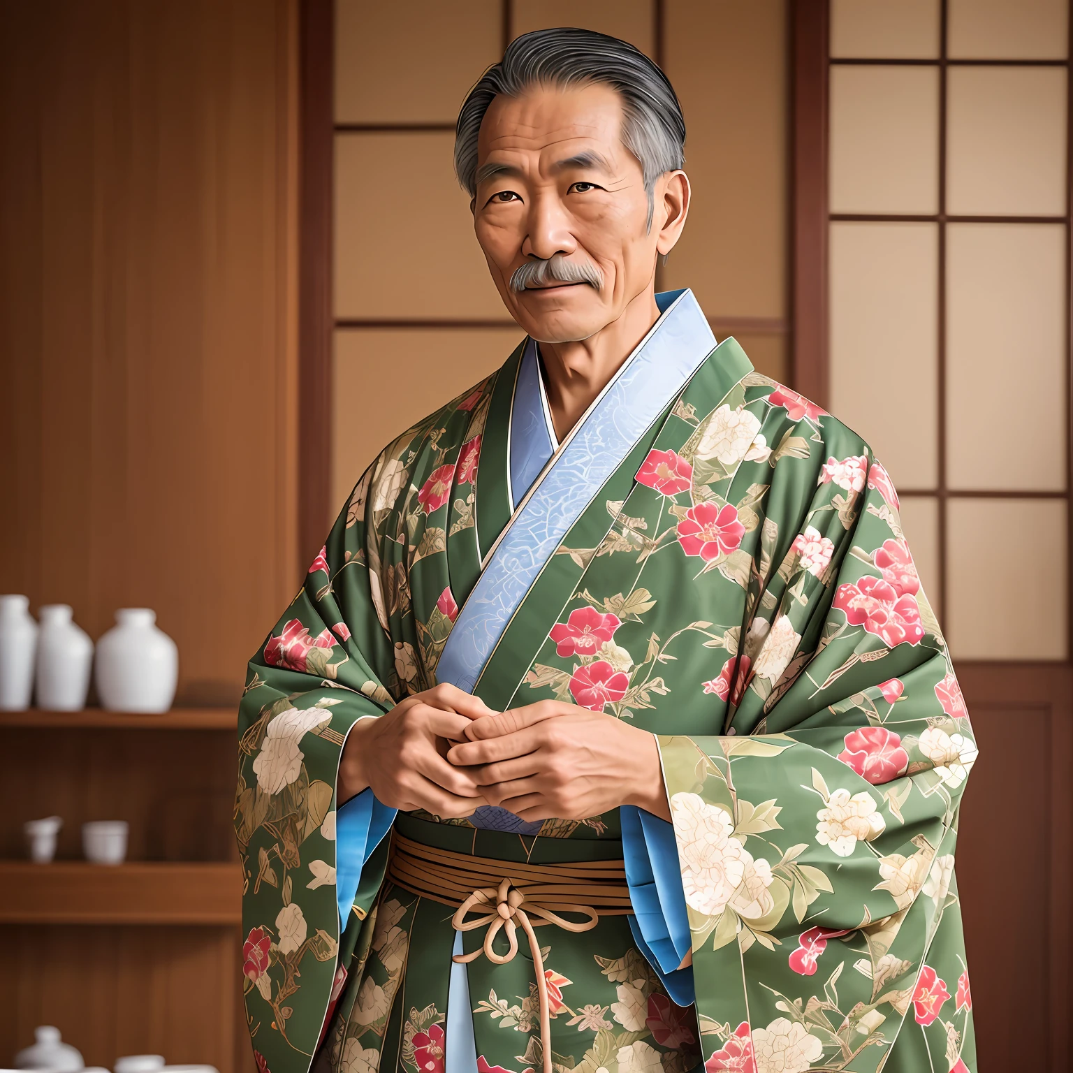 Dandy man drinking hot coffee deliciously. Simple clothes, elegant café, age 50 years old, Japan people, by the window --auto
