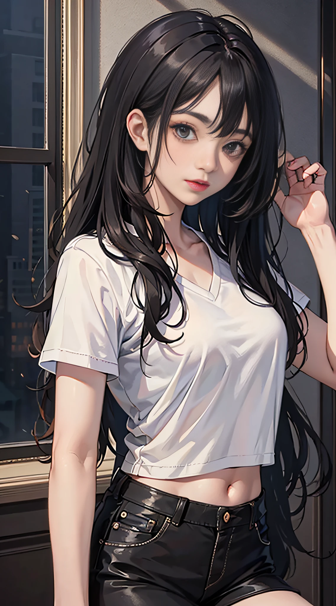 (masterpiece, best quality:1.4), looking at viewer,
(wavy hair:0.8), long hair, black hair, black theme,