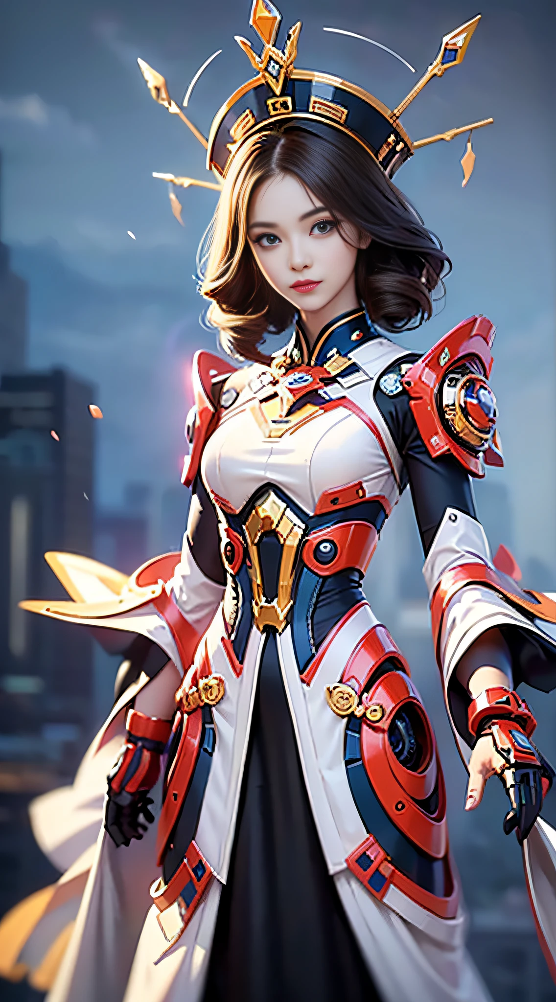 A girl looking at the audience, brunette hair, Chinese girl, headdress, butterfly hair ornament, perfect eyes, (eyes with correct proportions: 1), (magic robe: 1.1), (mecha: 1.2), robotic arm, (magic: 1.5), front, magic element, (full body: 1.5), (Simple background: 1.1), bright background, futuristic, first-person view, pov, panorama, ultra hd, masterpiece, accurate, anatomically correct, high detail, (best quality: 1.5), high resolution, 8k, perfect face proportions, upright body, beautiful eyes, perfect face, detailed face, elegant,