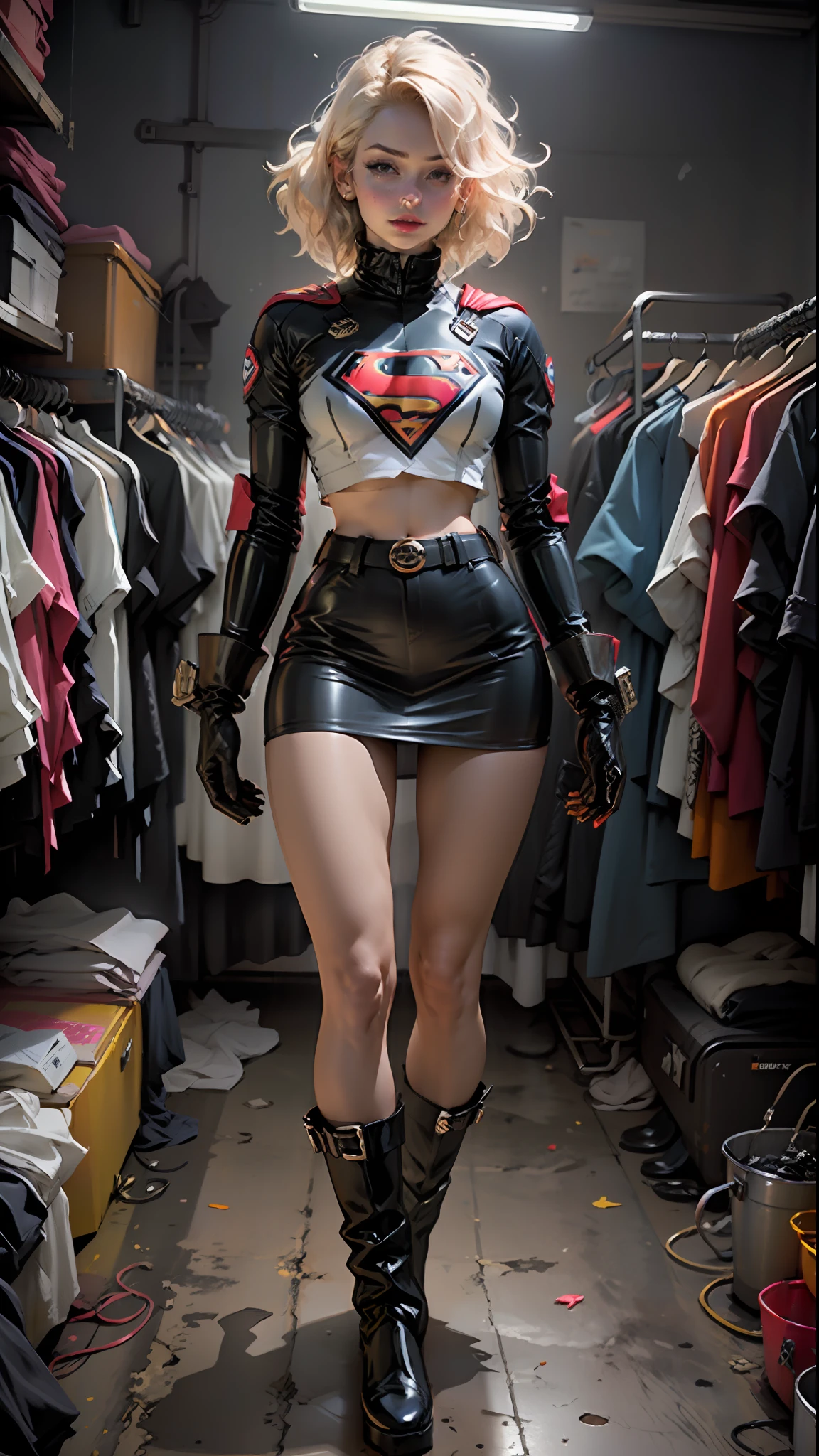 Woman body set thick thighs gloves mini skirt and dark blue latex boots, short clothes, latex, supergirl uniform, thin abdomen, exposed abdomen.