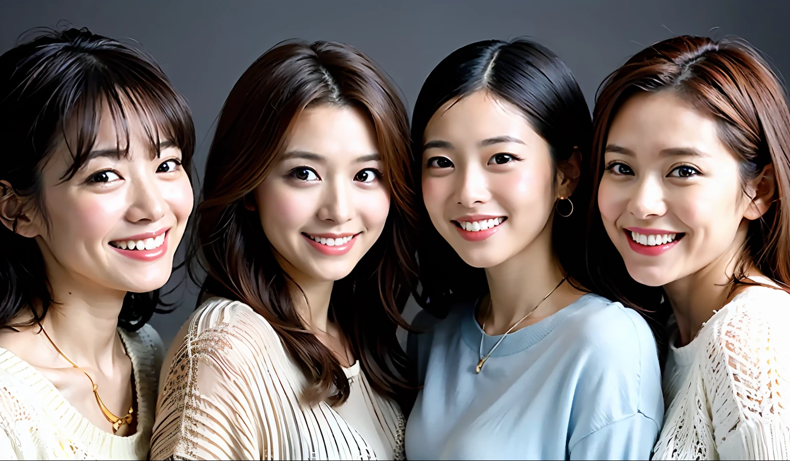 (Best Quality, 8k, 32k, Masterpiece, UHD: 1.2), Cute Japan Woman Pictures, Big Breasts, Full Body, (Sweater) Necklace, Simple Background, Look Around, Smiling, Multiple Cute Women