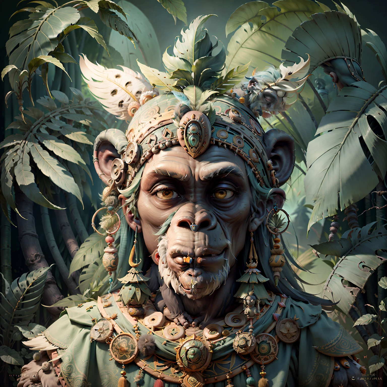 Cheerful Chimpanzee Head ((Shaman)),((meditative state),,Shaman, elegant chimpanzee, hair with details, with Indian headdress on head, ((meditating)) many colorful feathers, colored feathers, facing the camera, detail: dense tropical foliage, highly detailed intricate, ((masterpiece)), ultra hyperrealistic, masterpiece