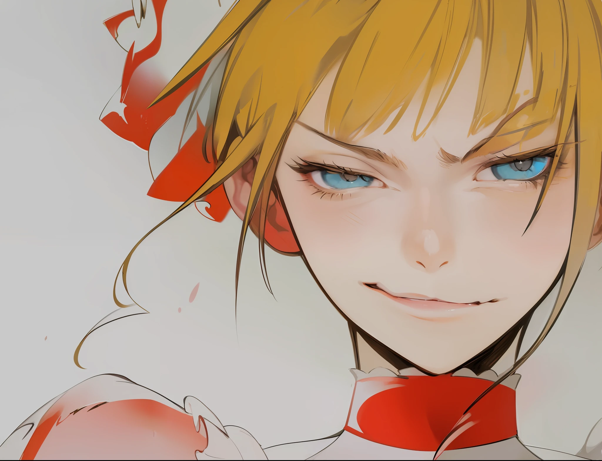 Best Quality, Ultra High Resolution, Detailed Face, Realism, Realistic Face, Extremely Beautiful Eyes, Italian Beauty, Golden Qi Bangs, (High Density Display: 1.4), Sex Turn, A Girl, Solo, Crazy Detail, Intricate Detail, Ultra Detail, Soft Cinematic Light, Exposure Mixing, High Density Display , Strong Light and Shadow, Beatrice (Umineko), Bad Smile, Glow Blue Eyes, Closed Left Eye, Contemptuous Eyes, Gradient Pupil Color, Golden Eyelashes, Blush, Big Breasts, The corners of the mouth are raised, V-shaped eyebrows, and a lewd expression.