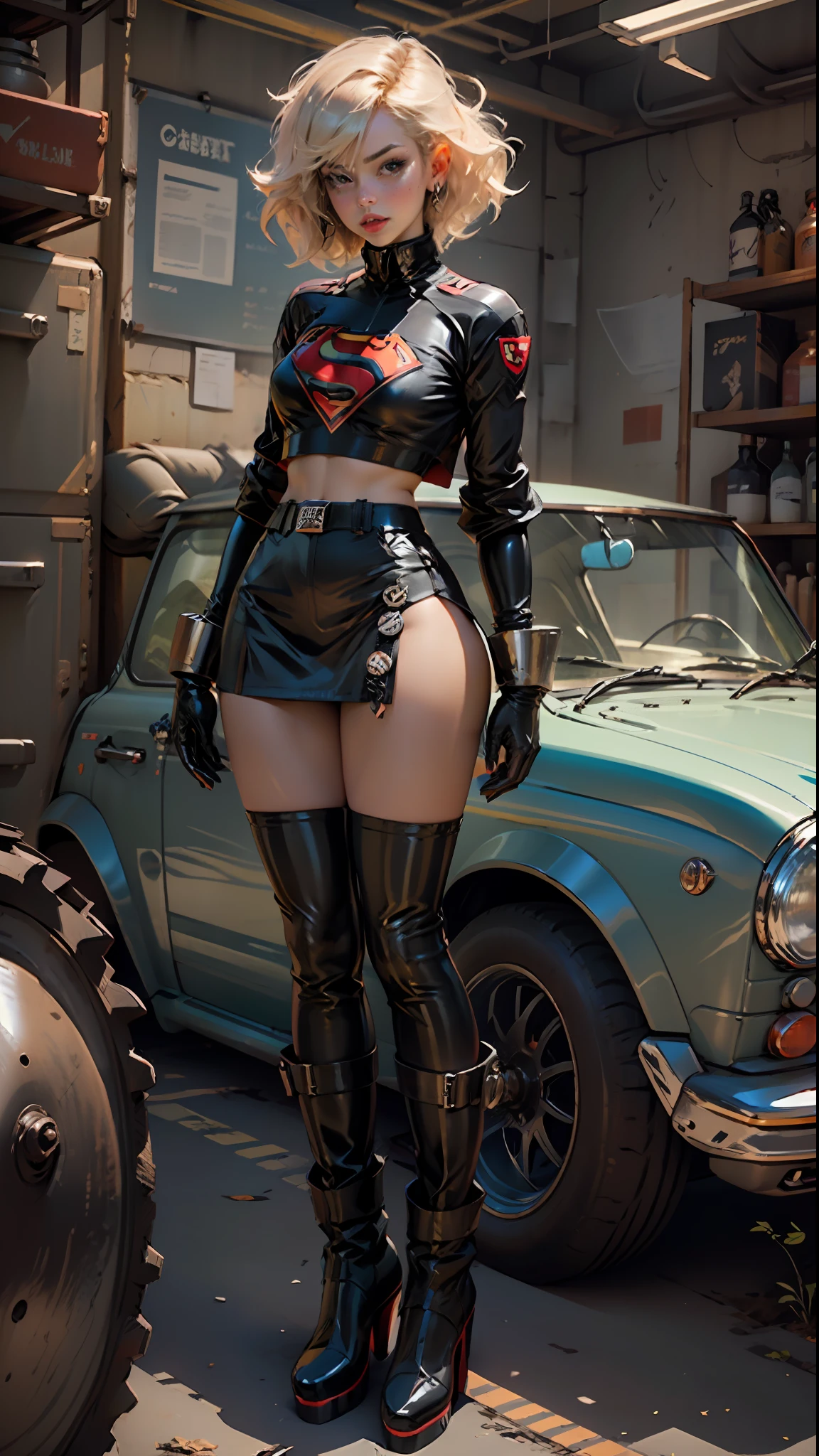 Woman body set thick thighs gloves mini skirt and dark blue latex boots, short clothes, latex, supergirl uniform, thin abdomen, exposed abdomen.