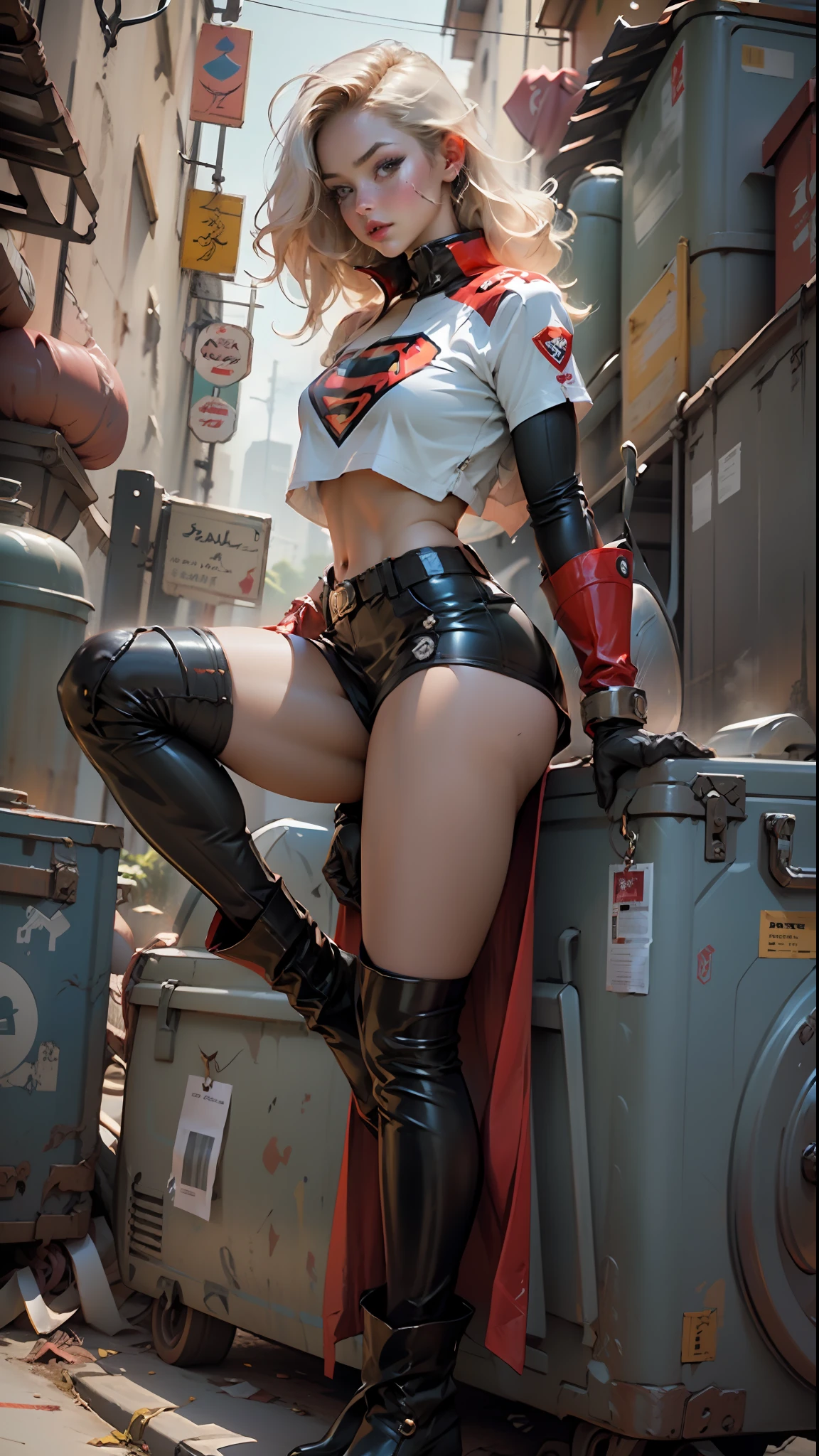 Woman body set thick thighs gloves mini skirt and dark blue latex boots, short clothes, latex, supergirl uniform, thin abdomen, exposed abdomen.