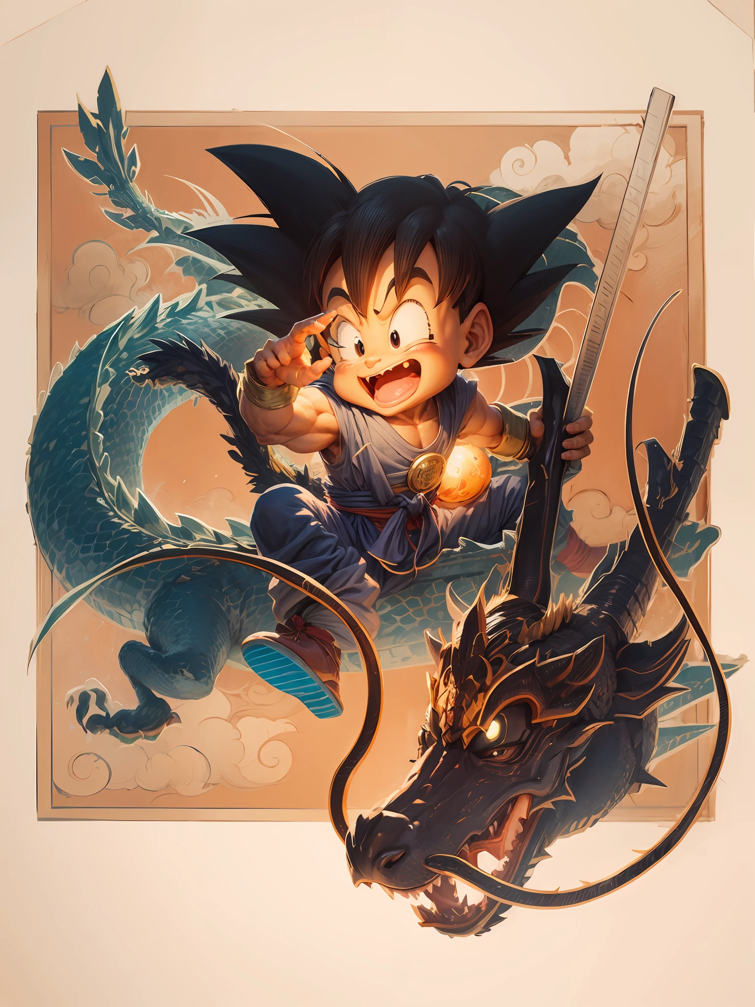 White background, detailed details, Dragon Ball, Little Goku, Happy, Chinese Dragon, Movie Light Effects, Masterpiece, Best Quality