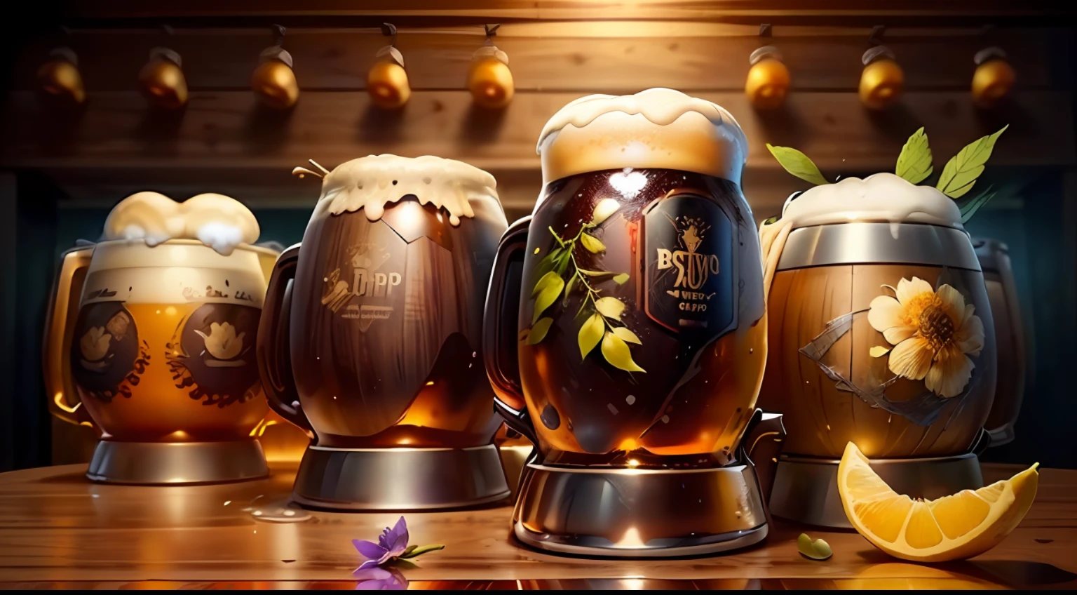 Masterpiece, best quality, super detailed, illustration, Various kinds of beer mugs on a rustic table, detailed, ((craft beer)), glasses of various kinds, ((craft brewery)), black, red, silver, metal, hops, ((barley))((hop flowers)), water