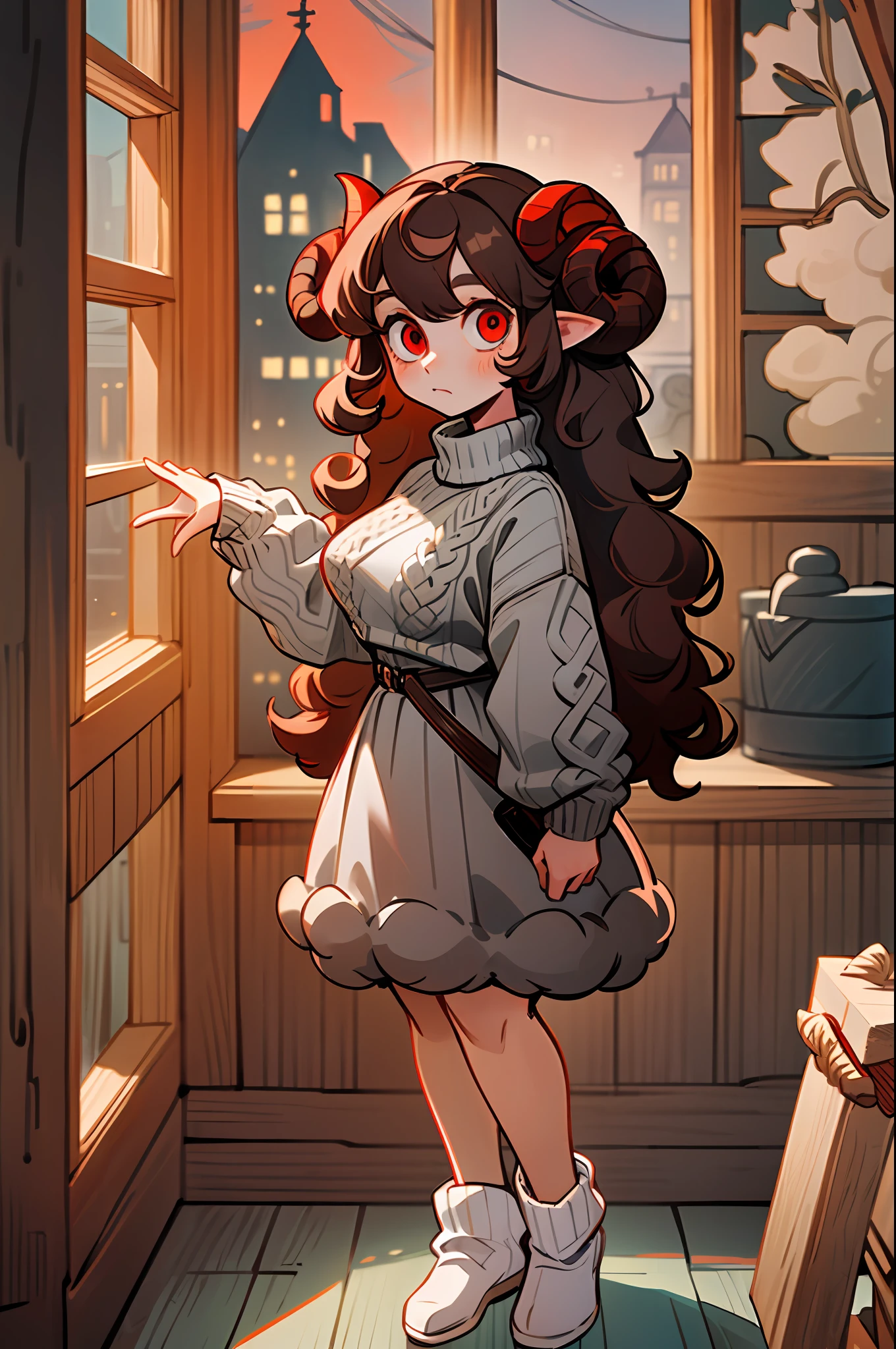 ((Full body):1.5),(Girl with sheep's horns):1.5) ,((long curly brown hair):1.2), (wearing a gray wool sweater:1.4), ((red eyes):1.3), looking at the viewer, in an (old/rustic house),4k,large hips