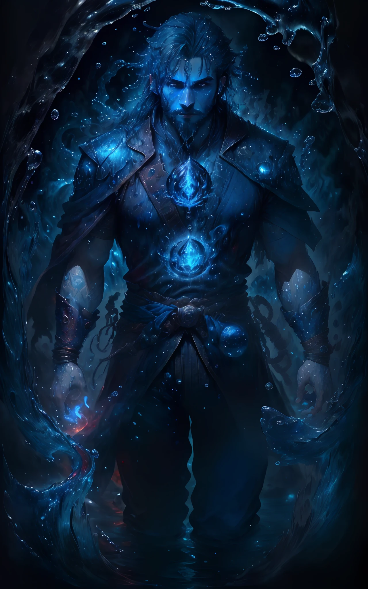 (full body shot:1.3),(((masterpiece))), (((best quality))), ((ultra-detailed)), (cinematic lighting), (illustration), (beautiful detailed eyes), (1guy, adult, sharp face features:1.3), depth of field,(blue skin color, water elemental:1.8), (((masterpiece, high quality, highres,detailed background, detailed eyes, good eyes, frown, serious, fog, martial arts pose, magic aura, good anatomy, dreamy))), (adult face, looking away, athletic body, muscular:1.2), (blue hair, waivy hair, water hair:1.5), water partickles, (long hair:1.3), kingsglaive garb, ((fantasy monk outfit, bare arms, red military coat, silver accents, fantasy outfit, pants, boots),adventurer clothes, (pointy ears:1.2),adventurer clothes,glowing eyes, (beard:1.3), (cyan eyes), glow water particles, ruins background, (using water magic:1.4),(absurdres, highres, ultra detailed),finely detailed eyes and detailed face, the fool \tarot\, bard, clown, Symbolism, Visual art, Occult, Universal, Vision casting, Philosophical, Iconography, Numerology, Popularity, Artistic, Alfons Mucha