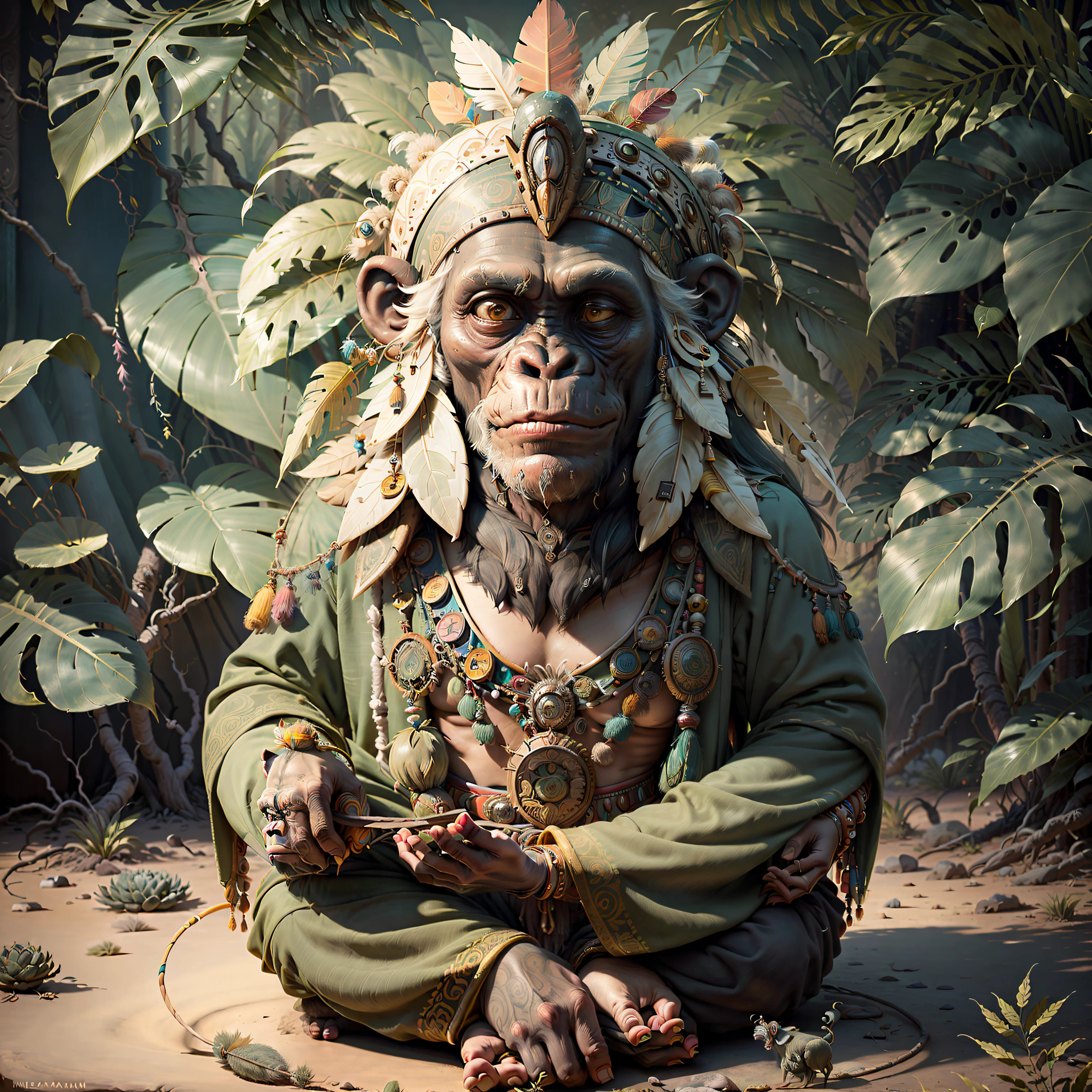 Cheerful Chimpanzee Head ((Shaman)),((meditative state),,Shaman, elegant chimpanzee, hair with details, with Indian headdress on head, ((meditating)) many colorful feathers, colored feathers, facing the camera, detail: dense tropical foliage, highly detailed intricate, ((masterpiece)), ultra hyperrealistic, masterpiece