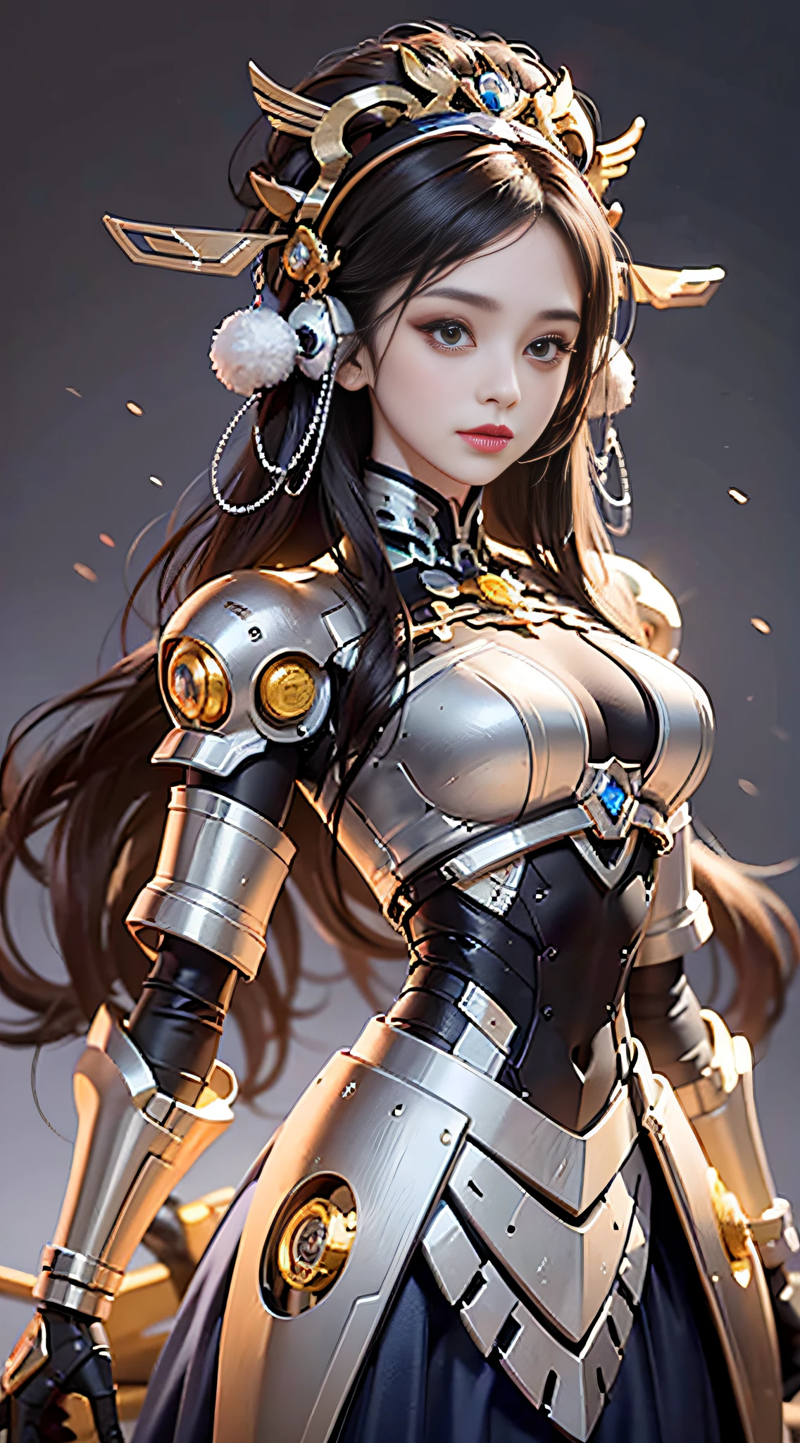 A girl looking at the audience, brunette hair, Chinese girl, headdress, Chinese hair accessories, chef's clothes, perfect eyes, (eyes with correct proportions: 1), (Hanfu: 1.1), (mecha: 0.5), robotic arms, (magic: 1.5), front, magic elements, (full body: 1.5), (Simple background: 1.1), bright background, futuristic, first-person view, pov, panorama, ultra hd, masterpiece, accurate, anatomically correct, high detail, (best quality: 1.5), high resolution, 8k, perfect face proportions, upright body, beautiful eyes, perfect face, detailed face, elegant,