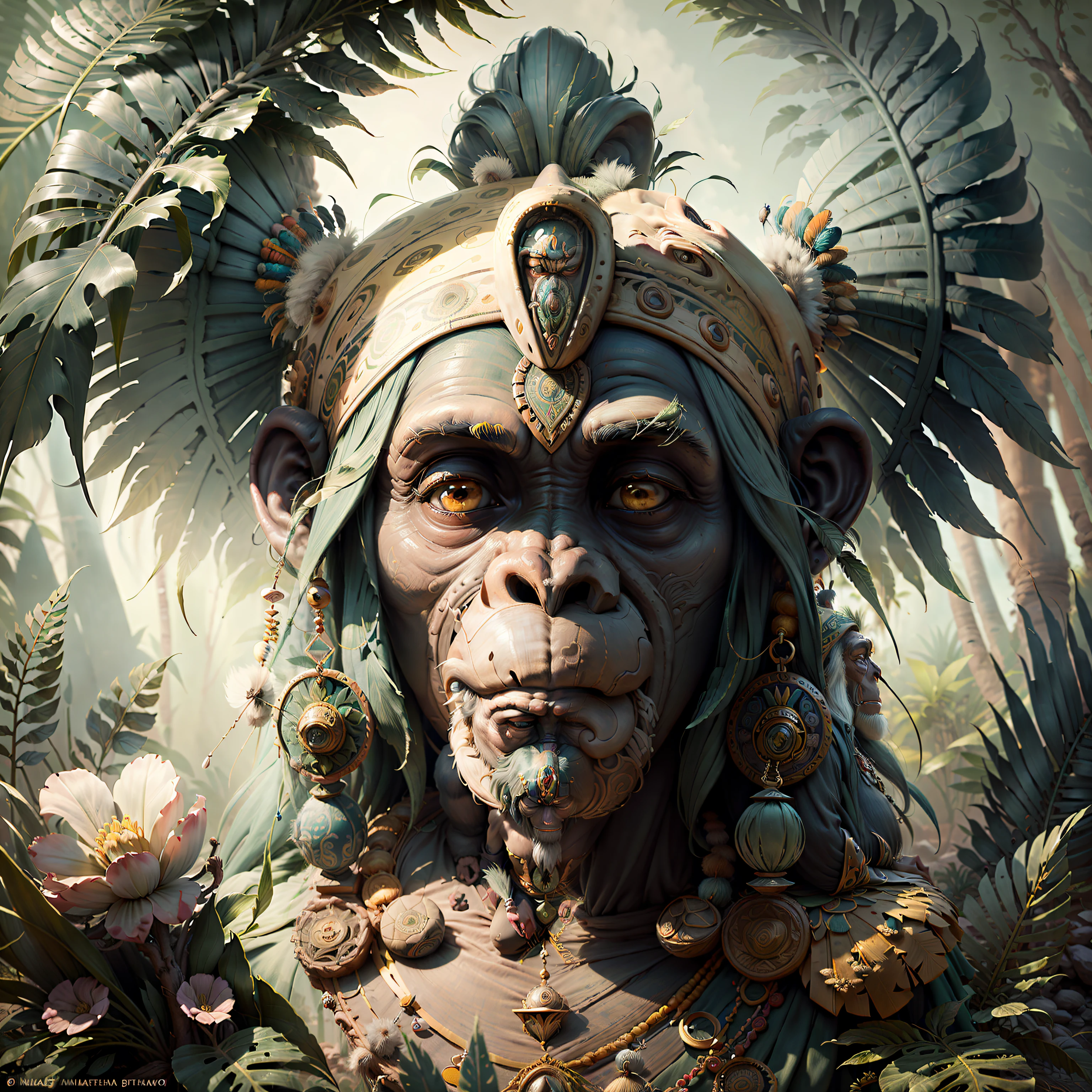 Cheerful Chimpanzee Head ((Shaman)),((meditative state),,Shaman, elegant chimpanzee, hair with details, with Indian headdress on head, ((meditating)) many colorful feathers, colored feathers, facing the camera, detail: dense tropical foliage, highly detailed intricate, ((masterpiece)), ultra hyperrealistic, masterpiece