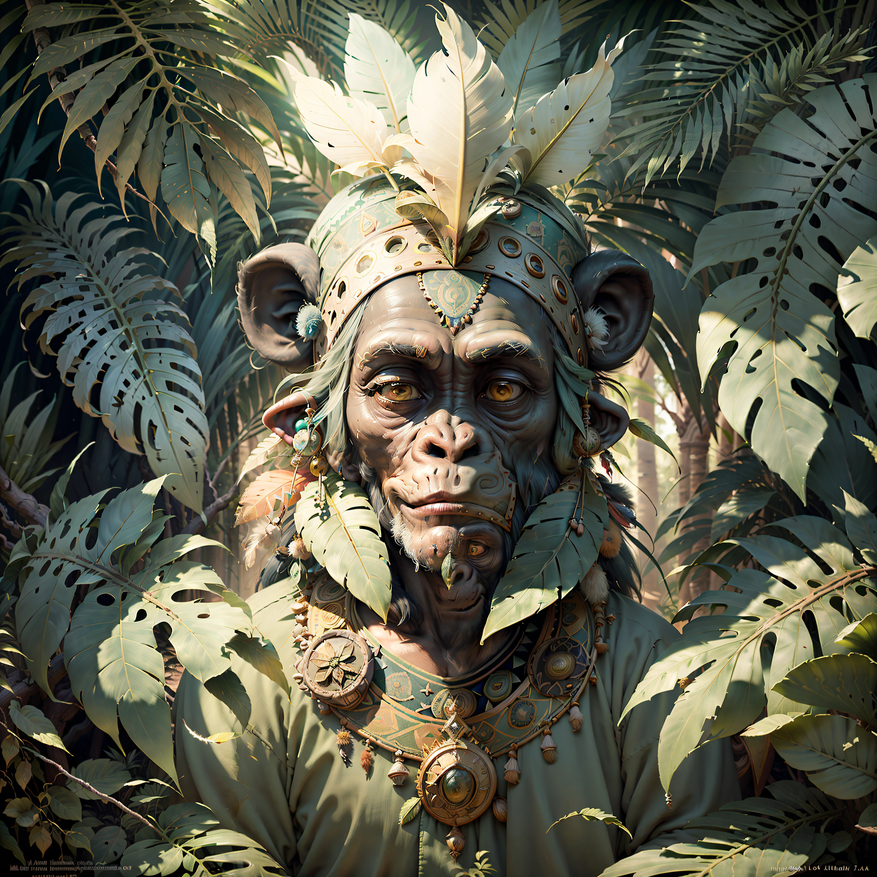 Cheerful Chimpanzee Head ((Shaman)),((meditative state),,Shaman, elegant chimpanzee, hair with details, with Indian headdress on head, ((meditating)) many colorful feathers, colored feathers, facing the camera, detail: dense tropical foliage, highly detailed intricate, ((masterpiece)), ultra hyperrealistic, masterpiece