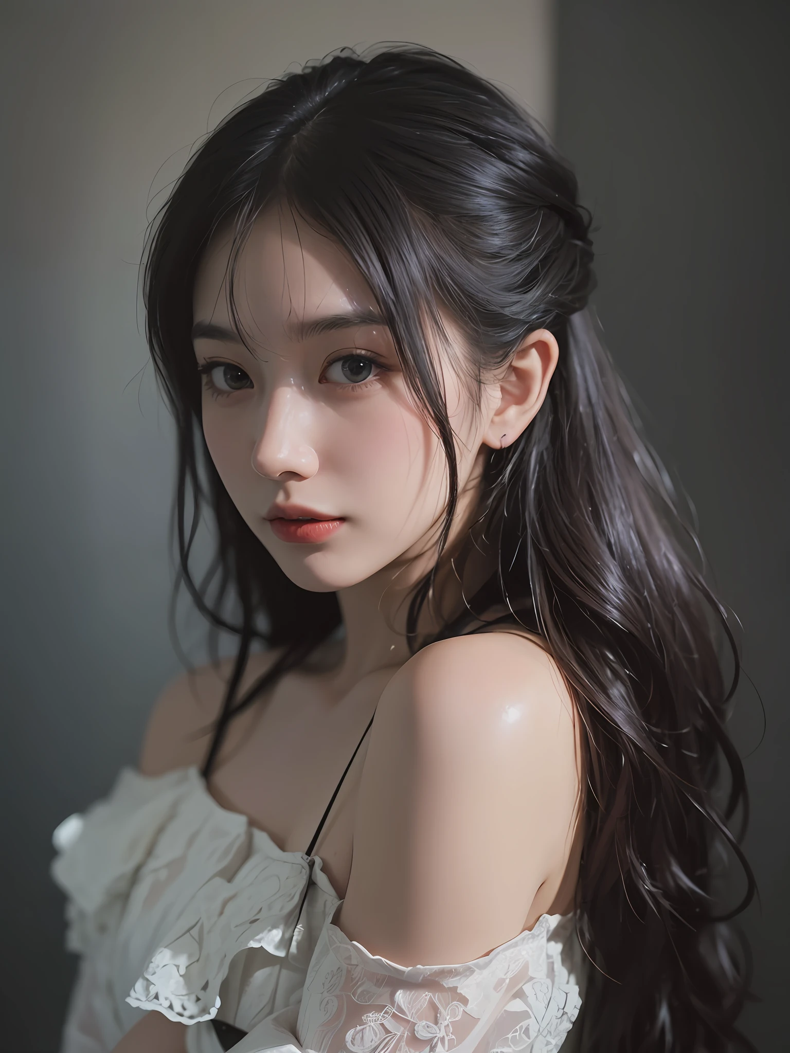 Best quality, masterpiece, ultra high res, (photorealistic:1.4), raw photo, 1girl, offshoulder, in the dark, deep shadow, low key, cold light --auto --s2