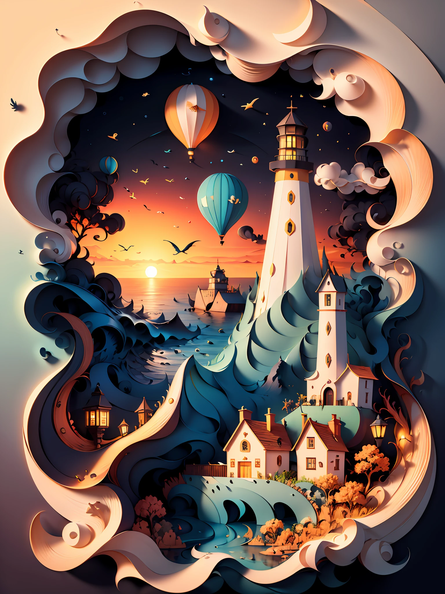 (((masterpiece))),best quality, illustration, lighthouse in turbulent seas At sunset , paper_cut,