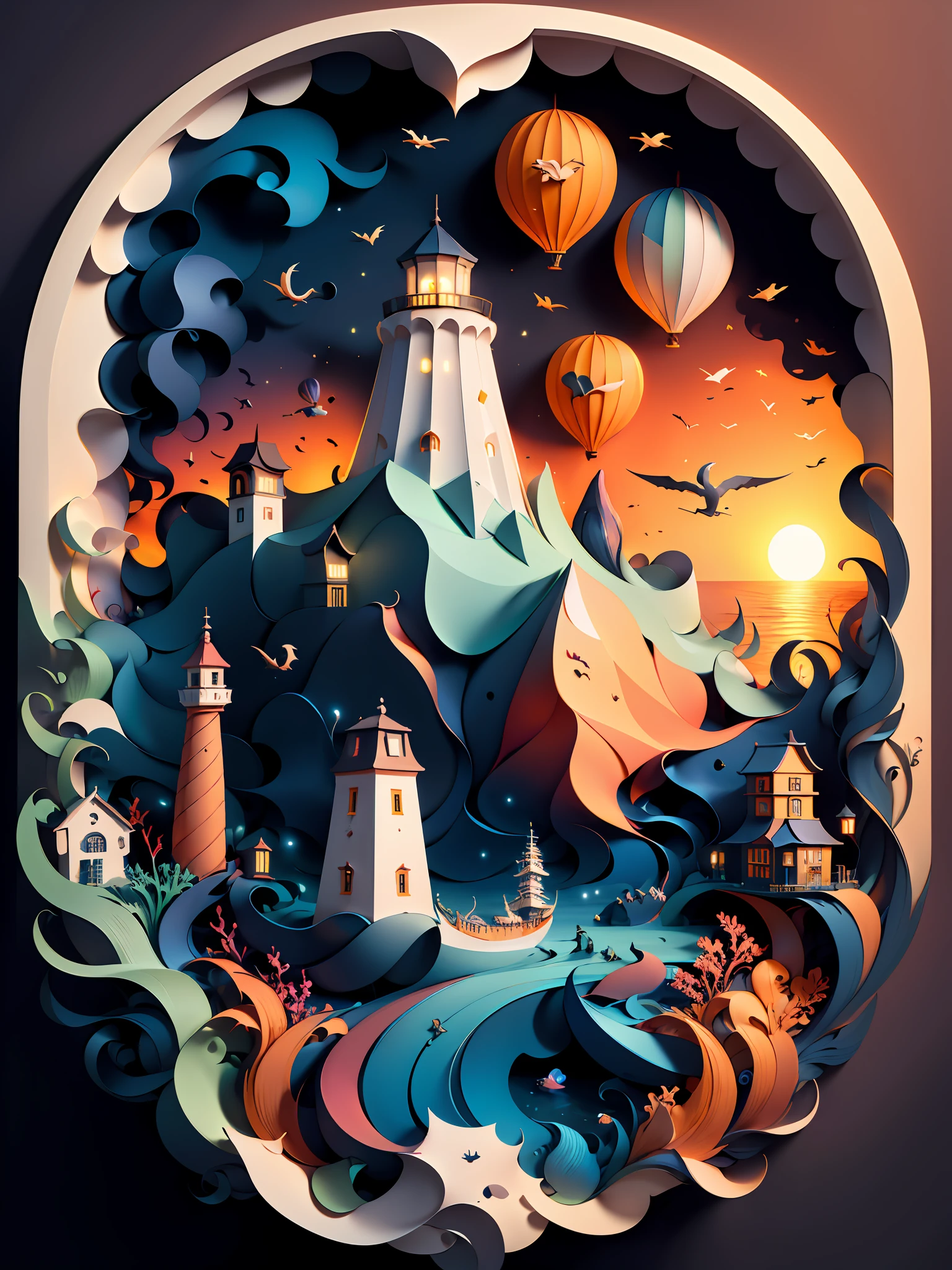 (((masterpiece))),best quality, illustration, lighthouse in turbulent seas  At sunset  , paper_cut,