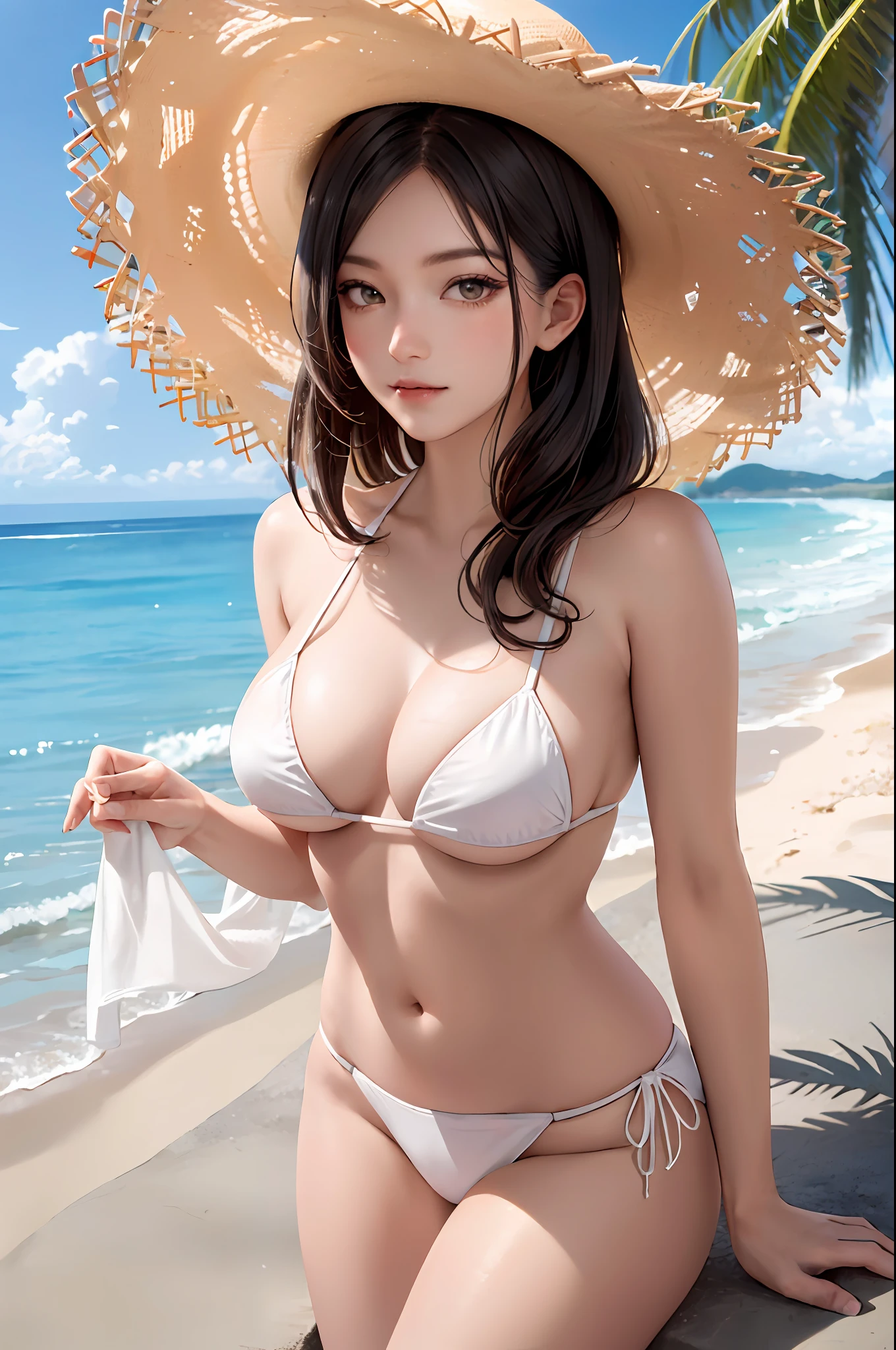 Masterpiece, Best Quality, 8K, Detailed Skin Texture, Realistic, Detailed Cloth Texture, Beautiful Detail Face, Intricate Detail, Solo, Ultra Detailed, Detailed Hair, Long Black Hair, Qi Bangs, Blush, (Open Eyes: 1.3), (Eye Reflex: 1.6), Shy, (Smooth, Skin Reflects Light), (Big Straw Hat, White Bikini, Dynamic Pose), ((Medium Breasts): 1.2, Thighs), Beach Background, Look at the Camera