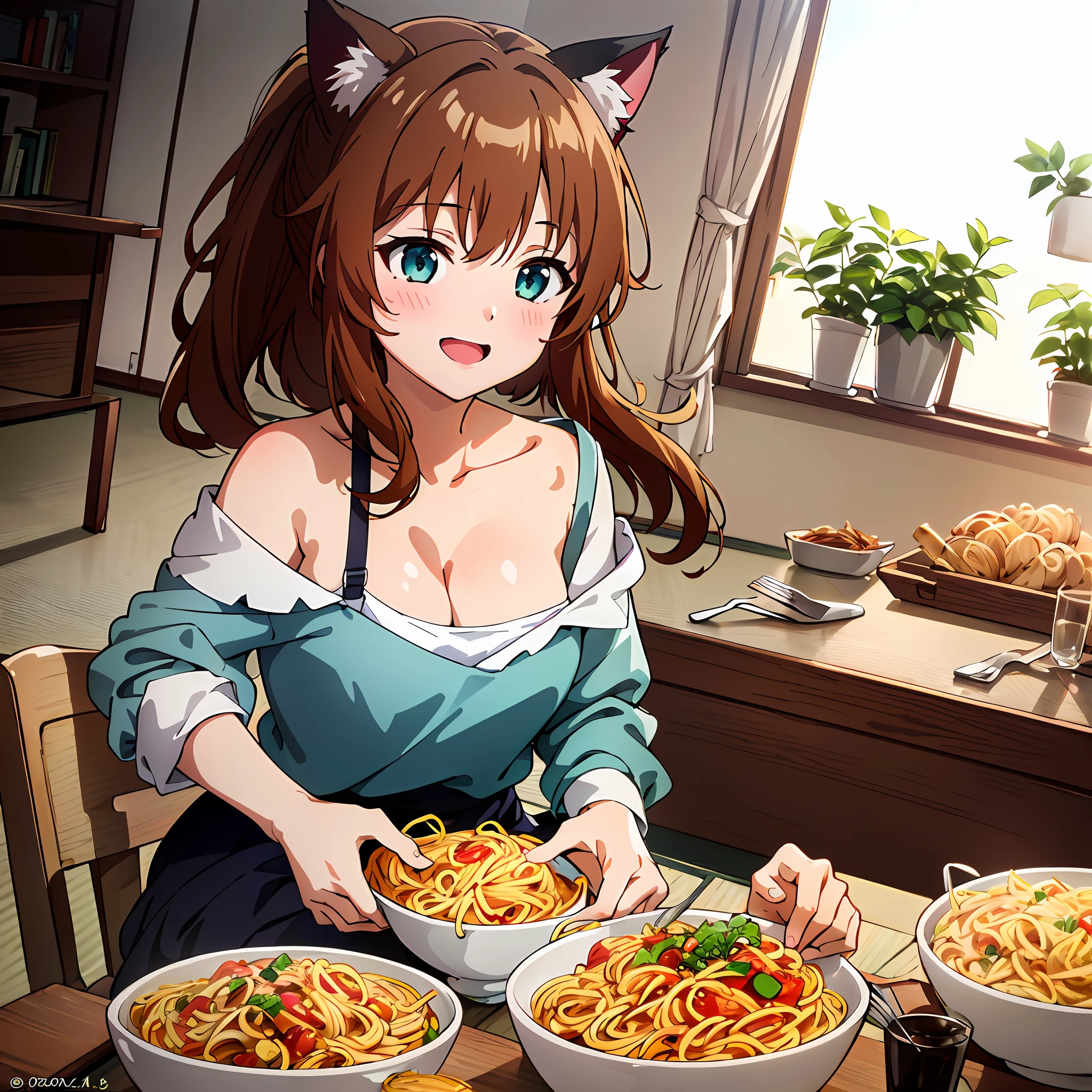 (Super detailed, high resolution, Kyoto animation style anime illustrations, highest quality official art featured: 1.6), beautiful face, eyes, highly detailed body, very detailed hair, nice hands, perfect hands, beautiful hands, (1 girl: 1.4), (Chibi: 0.8), (cute: 1.2), (cute: 1.2), (loli: 0.5), one girl, cat ears, (big, cleavage looks larger, brown hair, semi-long hair with trimmed hair, Long sleeves, looks good: 1.5), (girl cooking with a chickin, : 1.4), (dynamic angle, looking away, yellow blouse, blue skirt, shoulder free, beauty: 1.2), (light smile, , brown hair, ponytail, cat ears, aqua eyes, slender girl), break, (eating pasta Spaghetti:1.1) (griping fork:1.2), (front view:1.4), sitting on dinner table, looking viewer, smile, happy, open mouth, background is restaurant, Italian food
BREAK
solo