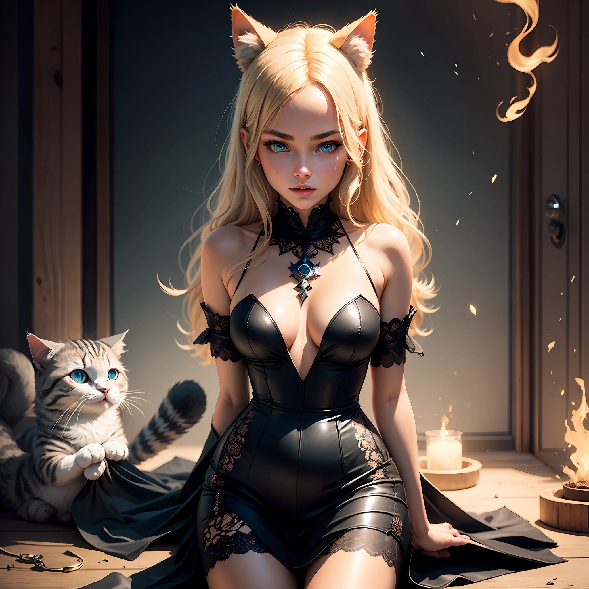 young woman, animal ears, nordic face, blue eyes, fair skin, cute, full body, blonde, magic summoning, cat personification