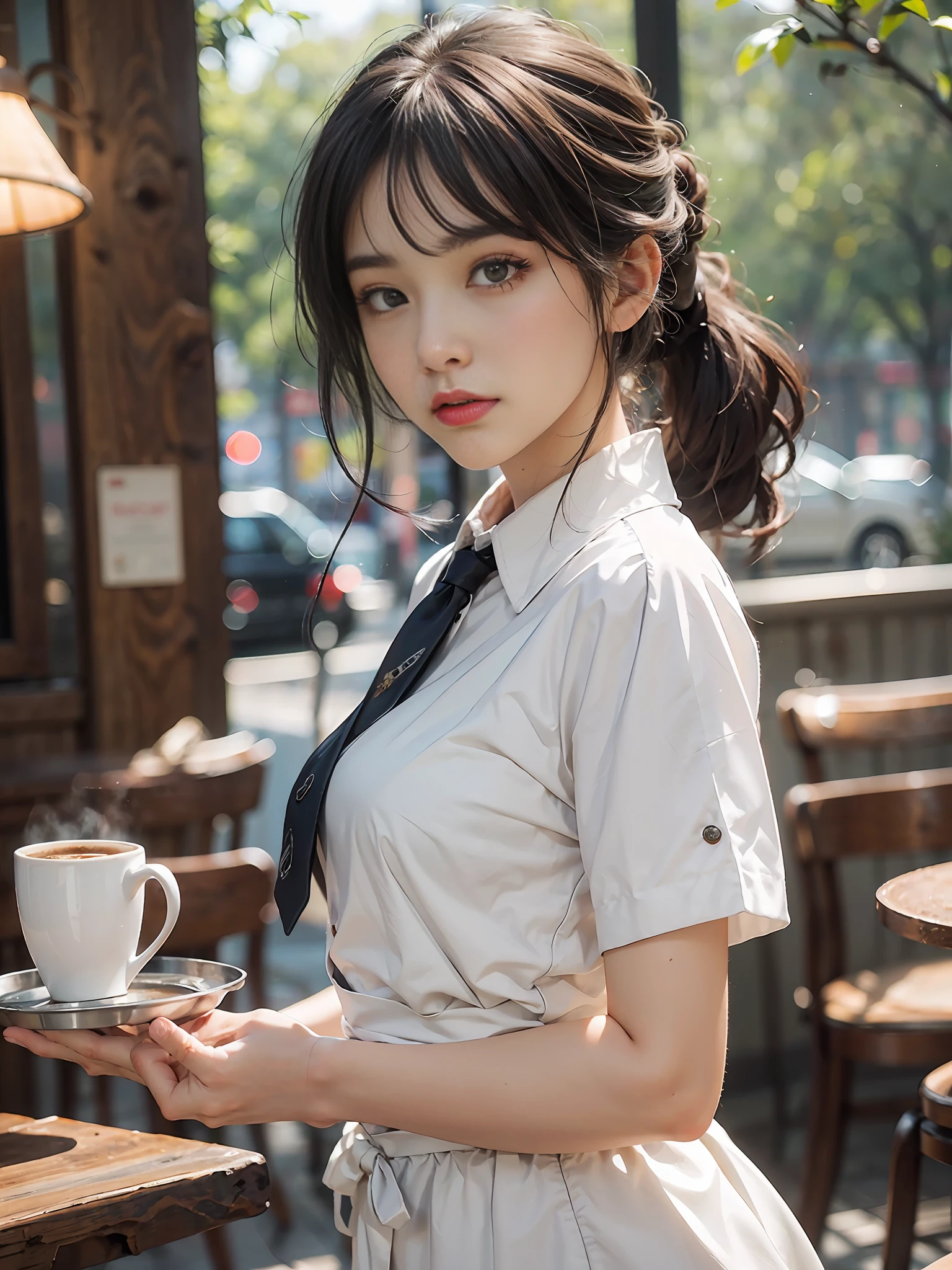 Mature café clerk woman 1, (Masterpiece: 1.3), (8k, Photorealistic, RAW photo, Best Quality: 1.4), (1girl), Shallow depth of field, Face in focus, Soft focus, Beautiful face, (Backlit: 1.5), (Ambient: 1.3), (Realistic face), (Black hair, medium short: 1.3), Loose wavy hair in ponytail, short bangs, realistic eyes, dark brown eyes, highlights in pupils, beautiful detail eyes, (plenty of natural light), beautiful skin, (blouse with white collar), (tie), café apron, (flared skirt), (pumps), watch, small handbag, absurd, attractive, ultra high resolution, ultra realistic, high definition, Golden ratio, detailed dining café background, light from back window backlit, pale skylight with natural light, natural light lighting from diagonally front of face, carrying coffee and cheesecake on tray