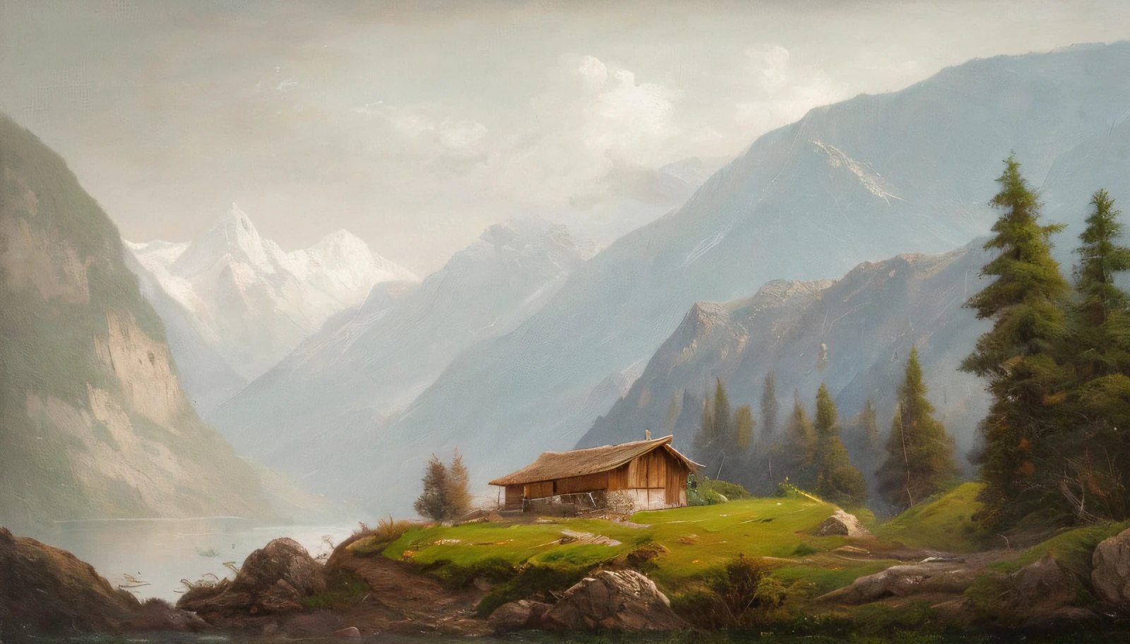 painting of a hut on a mountain with a lake in the background, alpine landscape with a hut,landscape, water, (8k wallpaper of extremely detailed CG unit), most beautiful works of art in the world, majestic oil painting professional, intricate, high detail, sharp focus, dramatic and photorealistic painting art