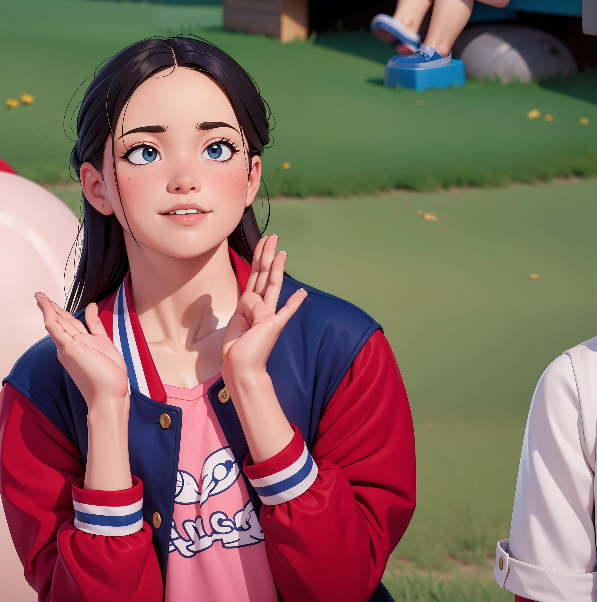 A girl, 11 years old, wearing a red and blue plaid school uniform, school playground, applauded