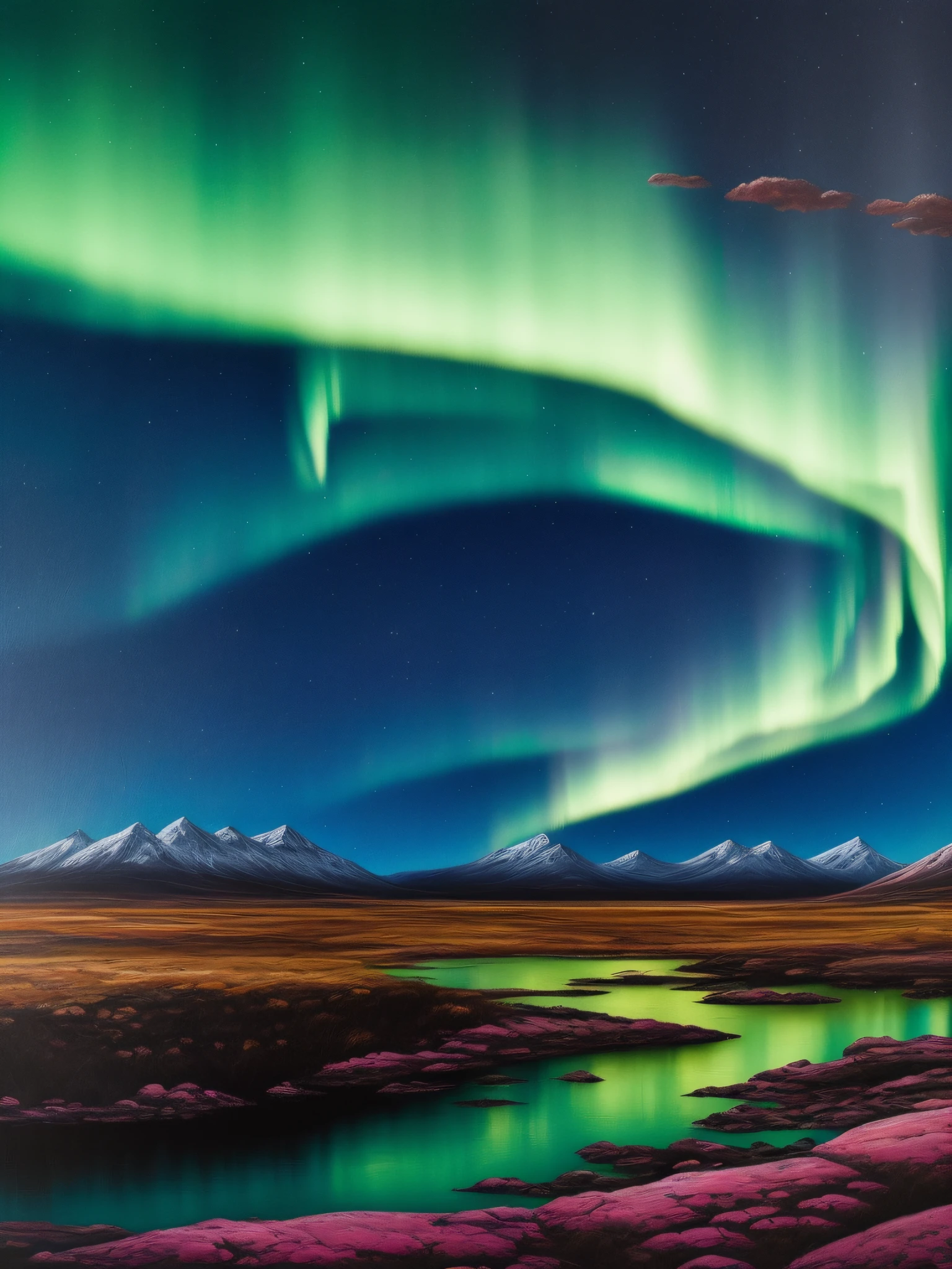 Produce a captivating oil painting that immerses you in the enchanting beauty of the Northern Lights. Embrace the essence of traditional oil painting techniques, using broad, expressive brushstrokes and rich, layered textures. Evoke a sense of depth and atmosphere by blending dark blues and greens with hints of subtle hues, capturing the ethereal glow of the lights against the night sky. The composition should encompass a wide view, allowing the Northern Lights to cascade across the canvas. Incorporate elements of the natural landscape, such as silhouettes of trees or mountains, to create a sense of place and scale. Let the brushstrokes convey the movement and energy of the lights, as they dance and shimmer with a captivating rhythm. This AI-generated artwork aims to transport you to a world where the Northern Lights illuminate the darkness, invoking a sense of wonder and awe. Allow the oil painting technique to infuse the scene with its inherent textures and colors, inviting you to explore the breathtaking beauty of this celestial phenomenon.