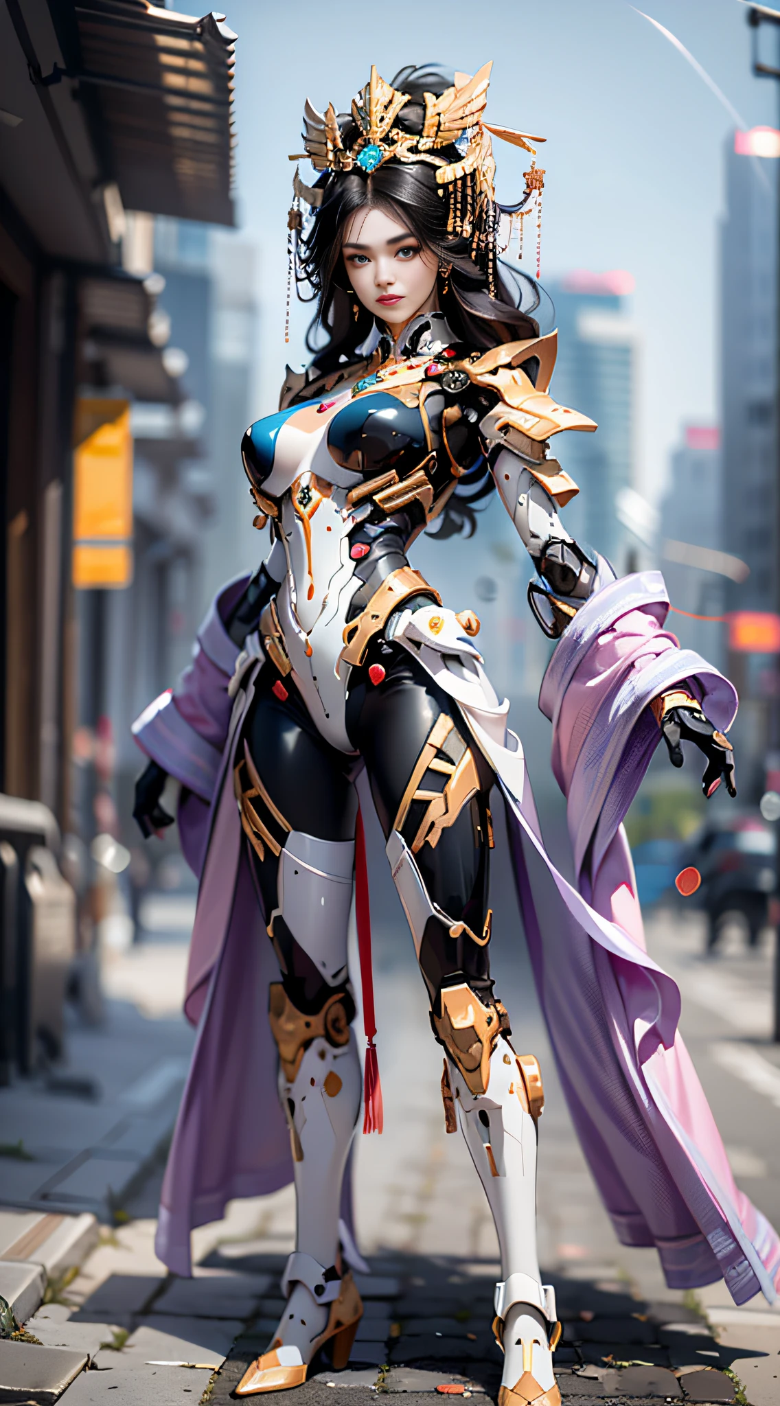 A girl looking at the audience, black hair, Chinese girl, headdress, Chinese hair ornament, perfect eyes, (eyes with correct proportions: 1), (Hanfu: 1.1), (mecha: 1.3), robotic arm, (magic: 1), front, magic elements, (full body: 1.5), (Simple background: 1.1), bright background, futuristic, first-person view, pov, panorama, ultra hd, masterpiece, accurate, anatomically correct, high detail, (best quality: 1.5), high resolution, 8k, perfect face proportions, upright body, beautiful eyes, perfect face, detailed face, elegant,