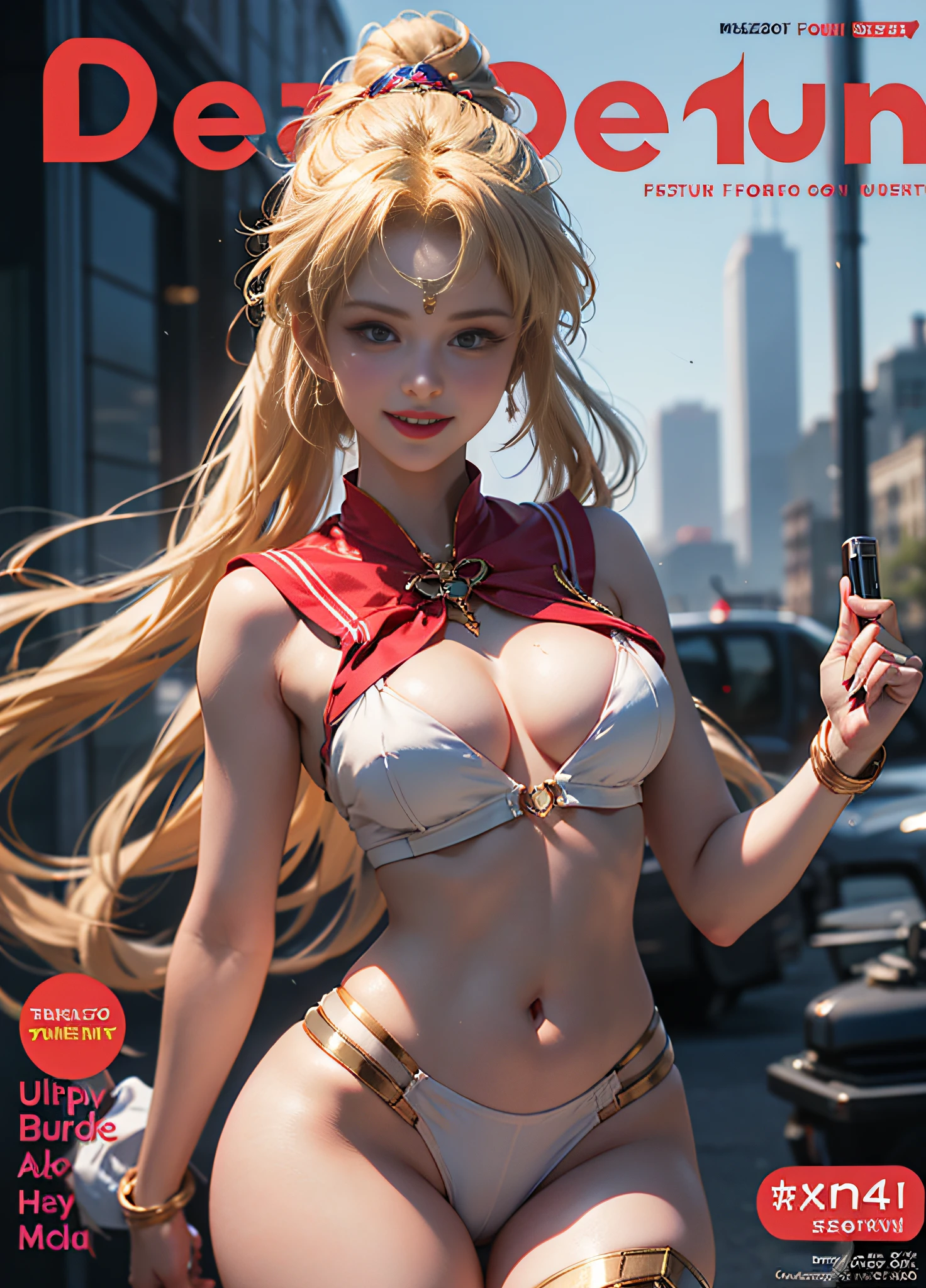 (magazine cover:1.4),text,((Masterpiece)), (Best Quality), (Ultra Detailed), ((Very Detailed)), 4K, (8K), Sailor Moon, Long Blonde Hair, Double Ponytail, happy smile,large breasts, see through costume,Dream Core,perfect breasts, (clear erect nipple silhouette: 1.4), (camel toe: 1.2), dynamic pose, spreading legs, (pubic hair ultra detailed clear silhouette: 1.4), (pubic hair focus: 1.2), navel